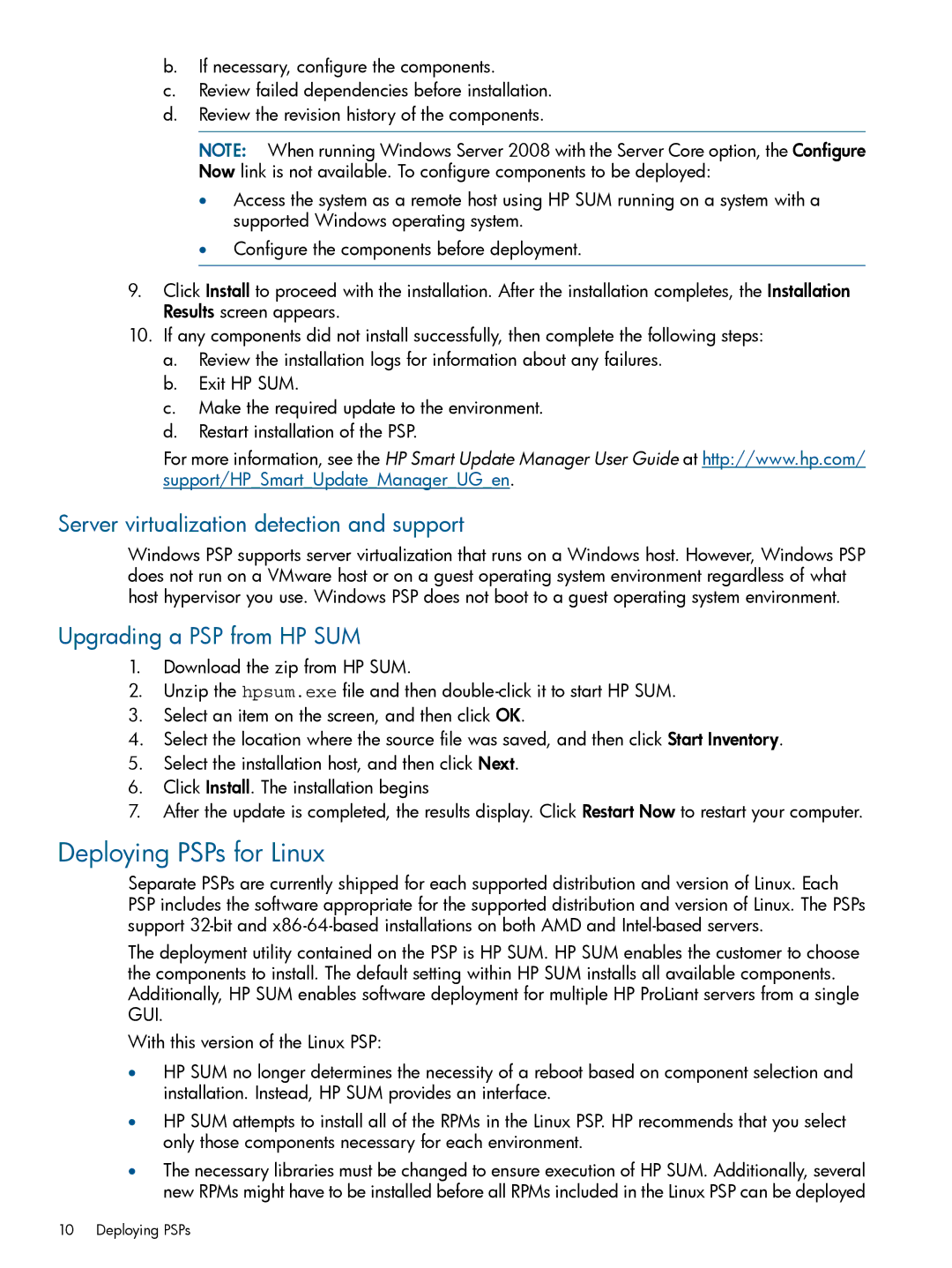 HP Smart Update Manager (SUM) manual Deploying PSPs for Linux, Server virtualization detection and support 