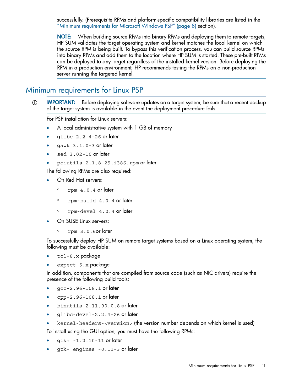 HP Smart Update Manager (SUM) manual Minimum requirements for Linux PSP 