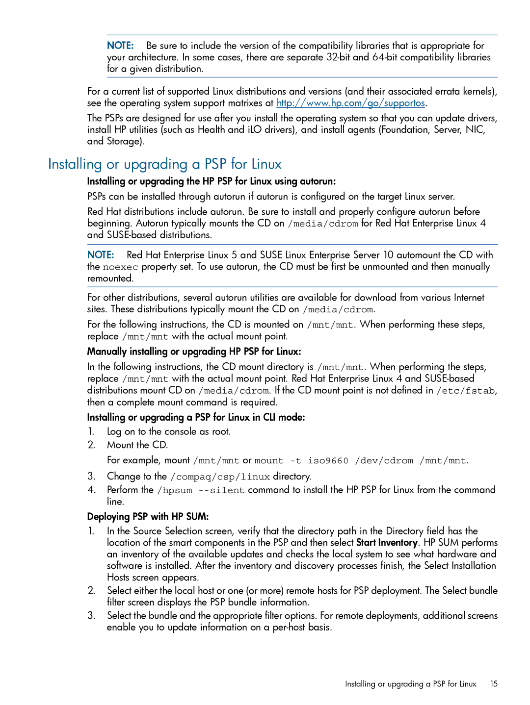 HP Smart Update Manager (SUM) manual Installing or upgrading a PSP for Linux 