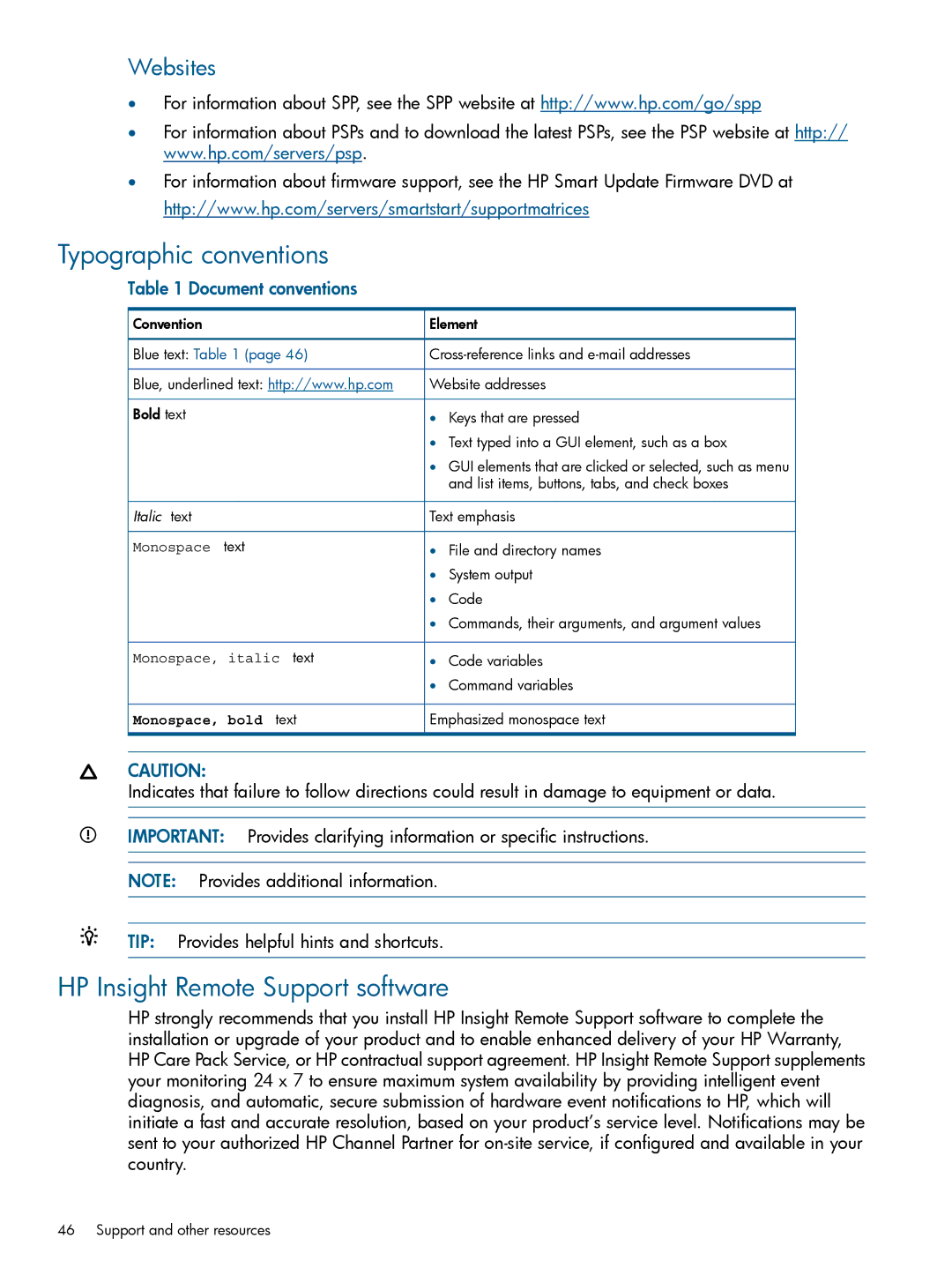 HP Smart Update Manager (SUM) manual Typographic conventions, HP Insight Remote Support software, Websites, Monospace text 