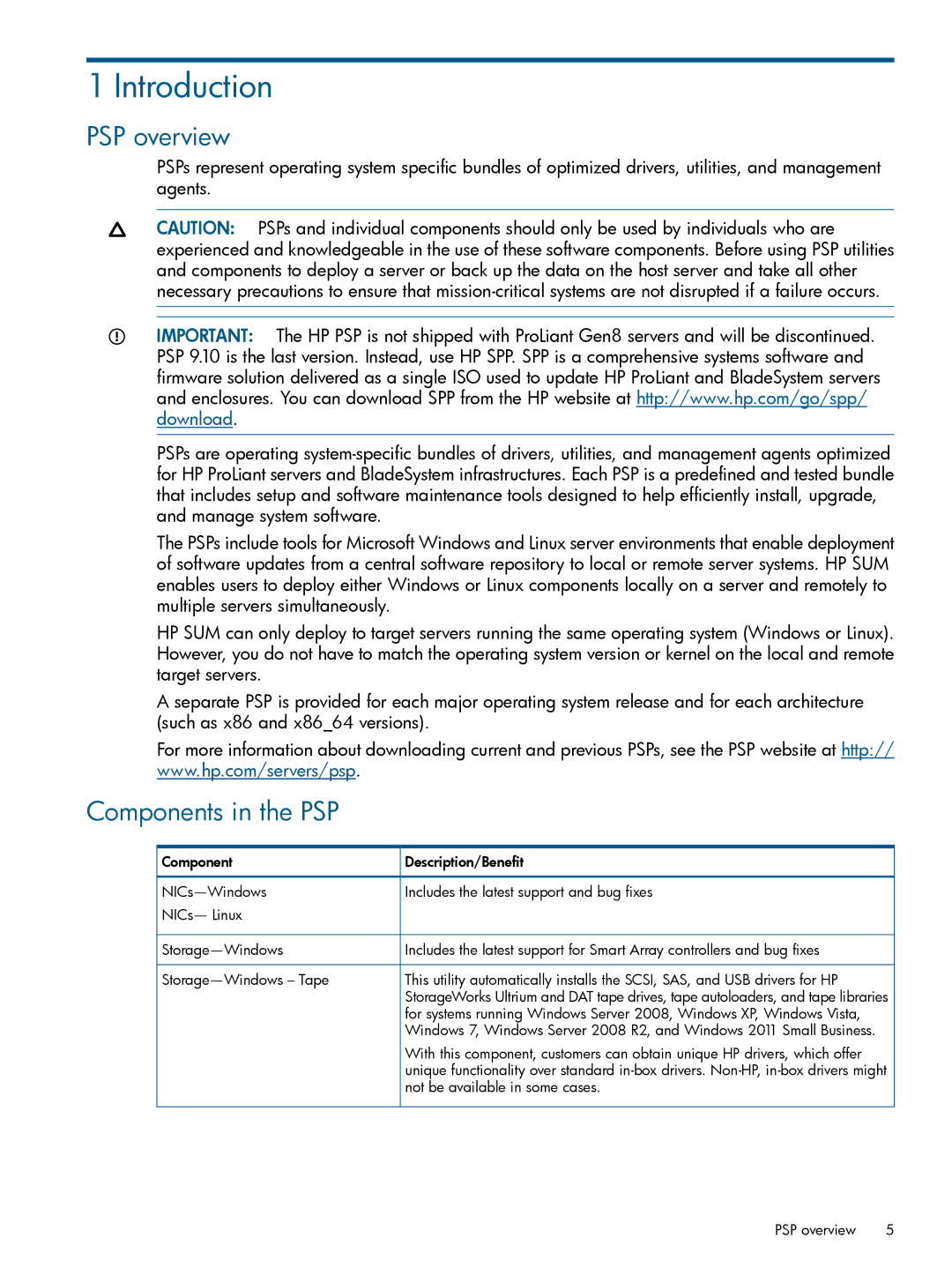 HP Smart Update Manager (SUM) manual Introduction, PSP overview, Components in the PSP, Not be available in some cases 