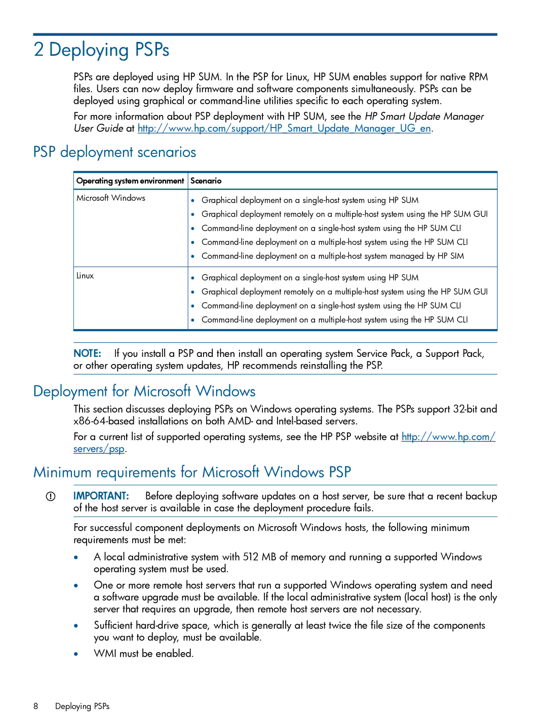 HP Smart Update Manager (SUM) manual Deploying PSPs, PSP deployment scenarios, Deployment for Microsoft Windows 