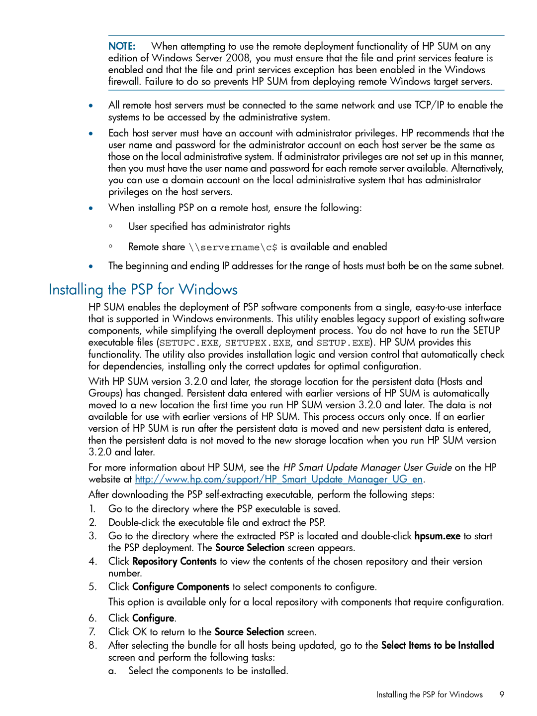 HP Smart Update Manager (SUM) manual Installing the PSP for Windows 