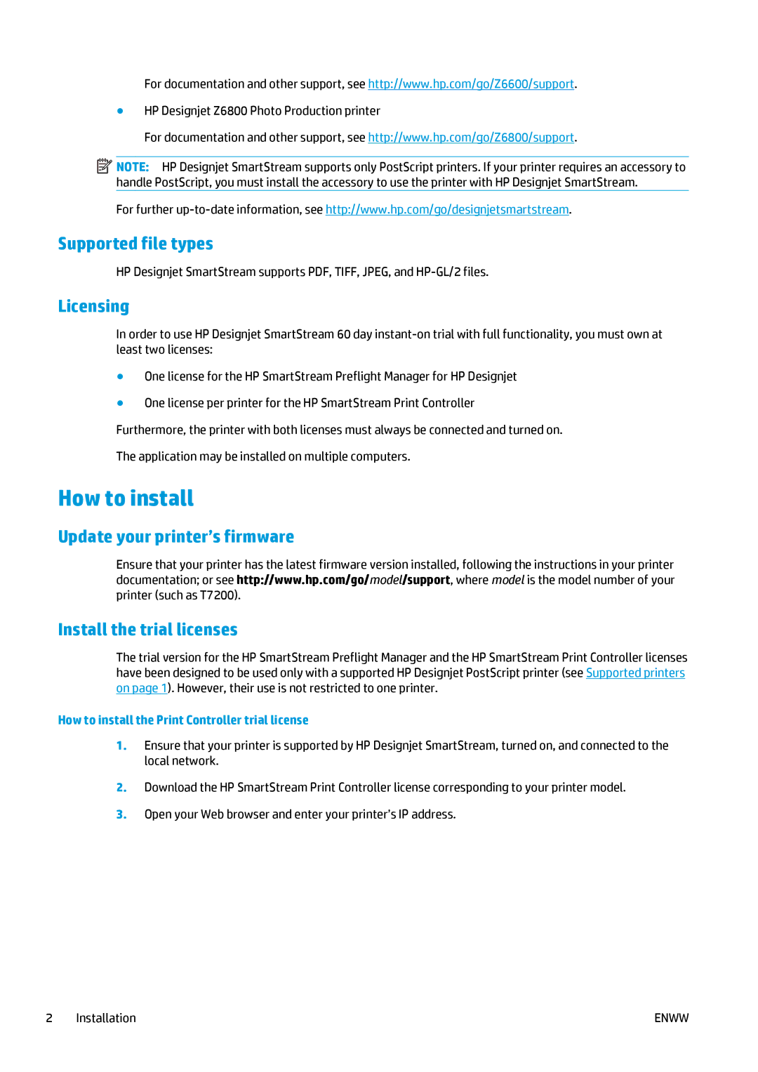 HP SmartStream Designer manual Supported file types Licensing, Update your printer’s firmware Install the trial licenses 