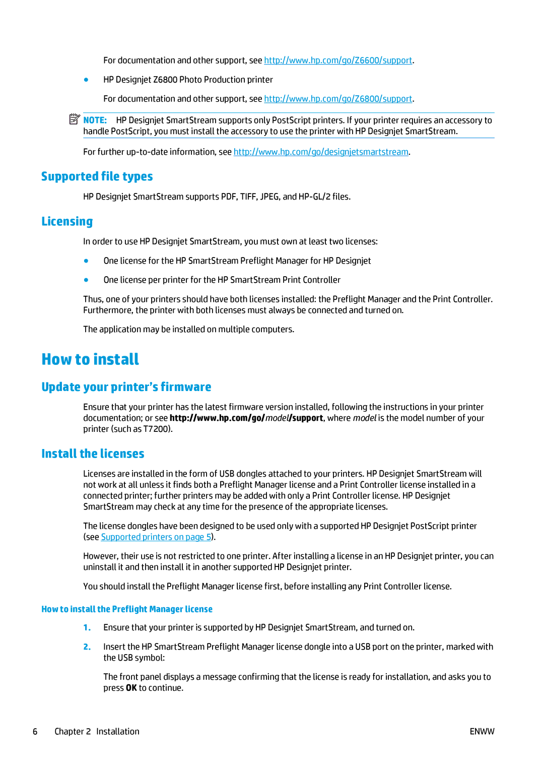 HP SmartStream Designer manual Supported file types Licensing, How to install the Preflight Manager license 