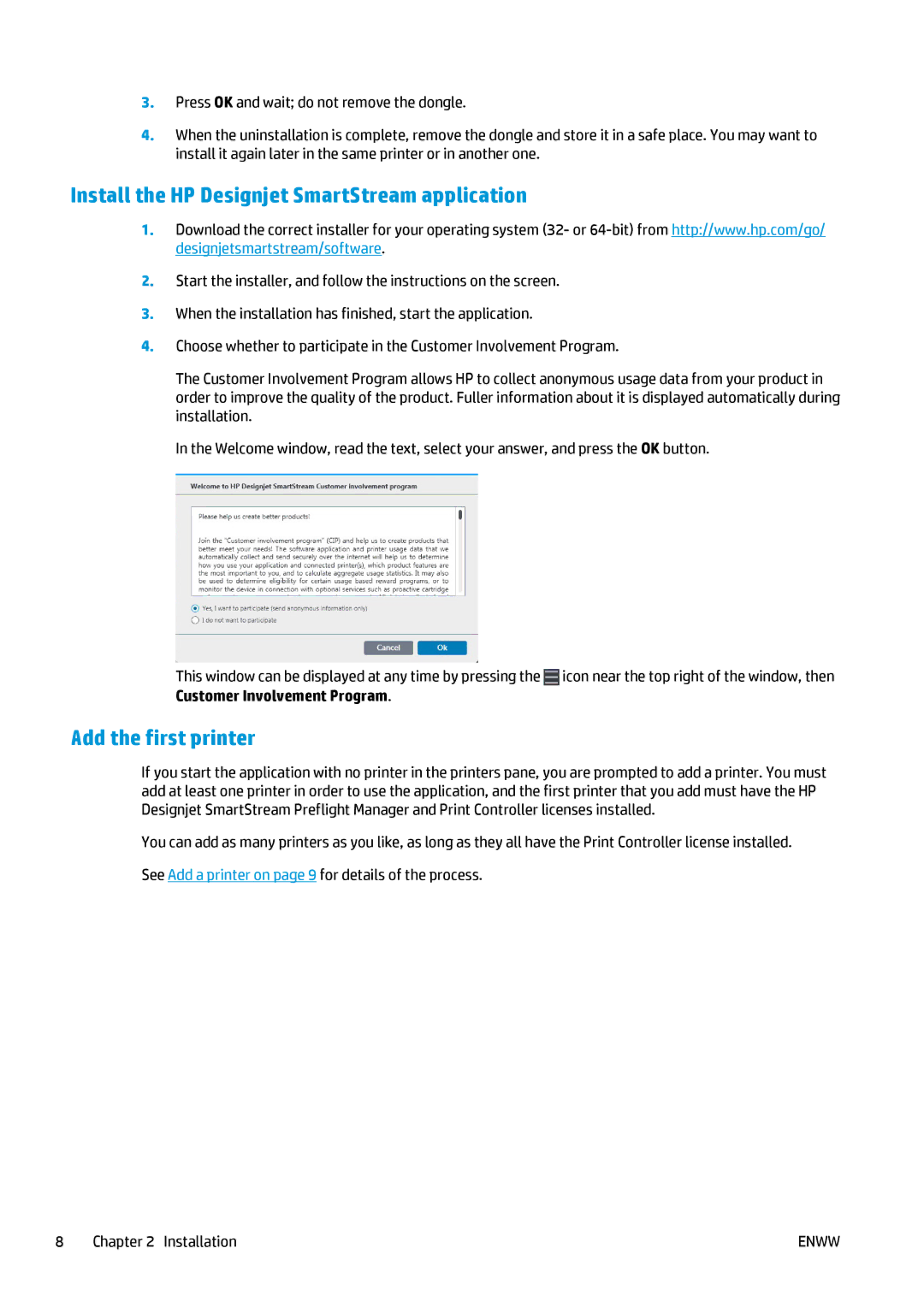 HP SmartStream Designer, Prepress Software manual Install the HP Designjet SmartStream application, Add the first printer 