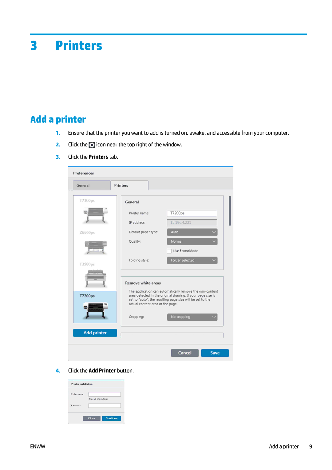 HP Prepress Software, SmartStream Designer manual Printers, Add a printer 