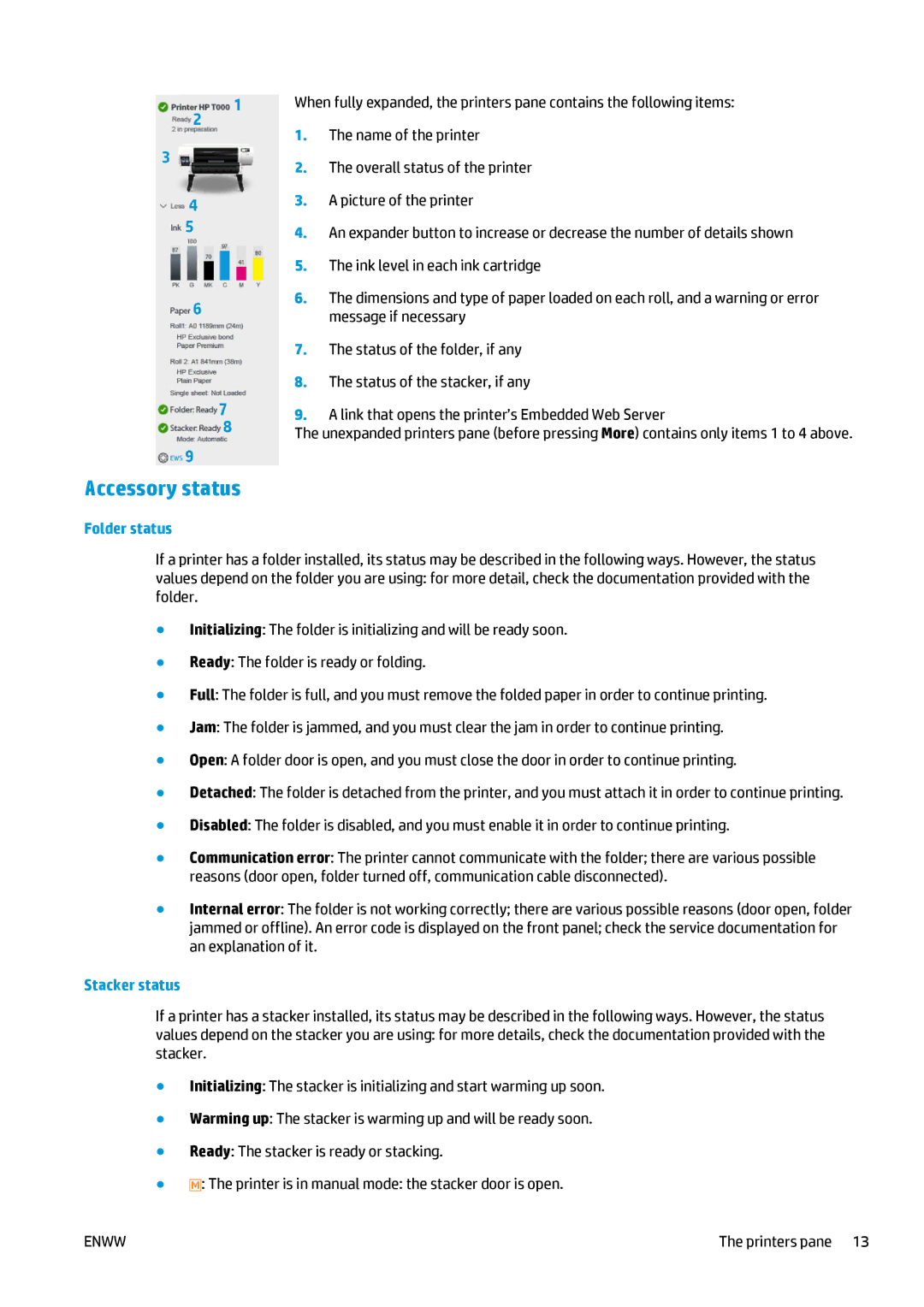 HP Prepress Software, SmartStream Designer manual Accessory status, Folder status, Stacker status 