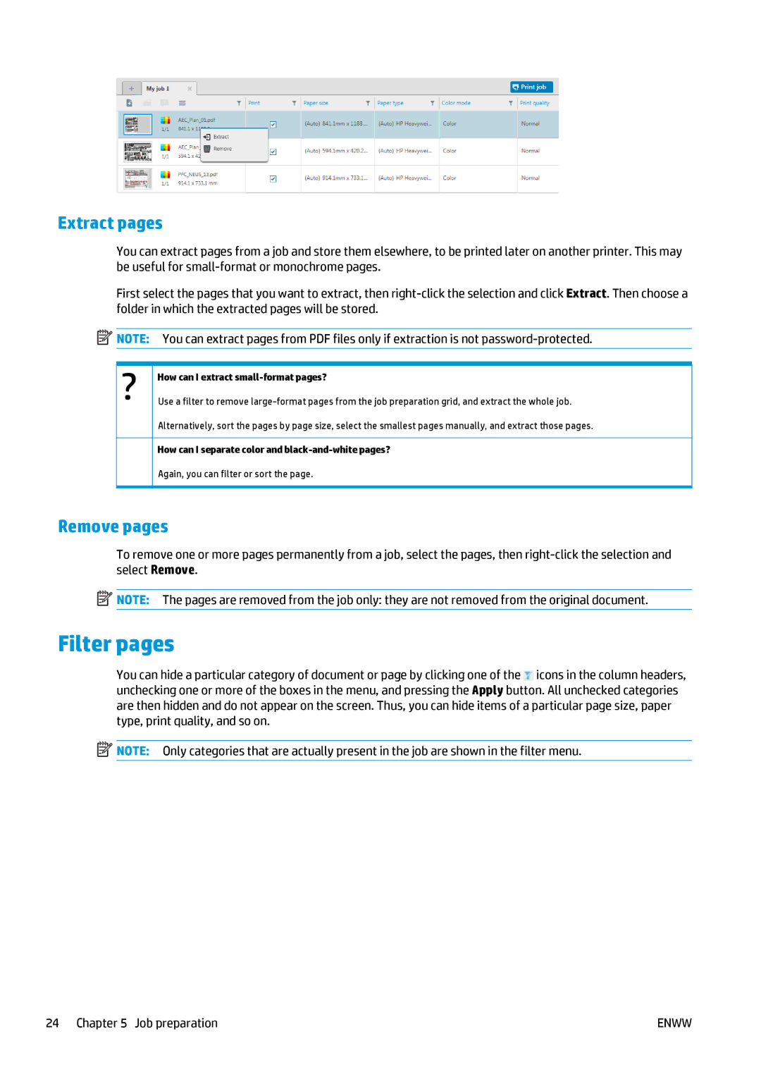 HP SmartStream Designer, Prepress Software manual Filter pages, Extract pages, Remove pages 