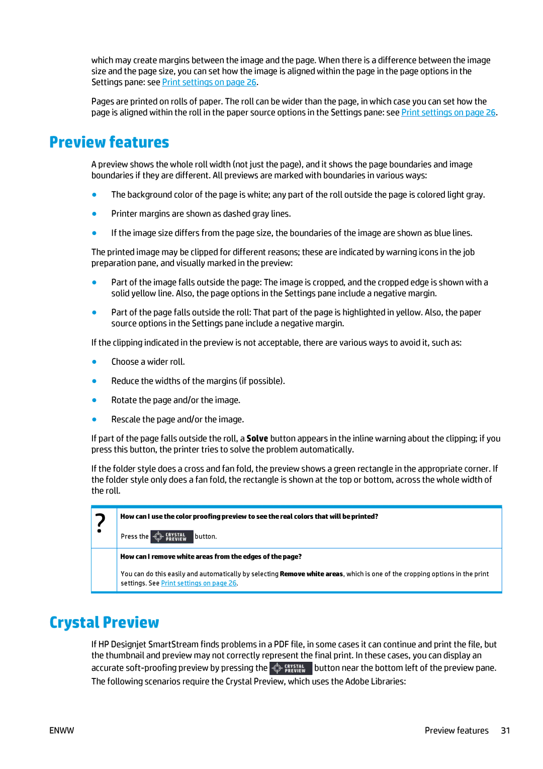 HP Prepress Software, SmartStream Designer manual Preview features, Crystal Preview 