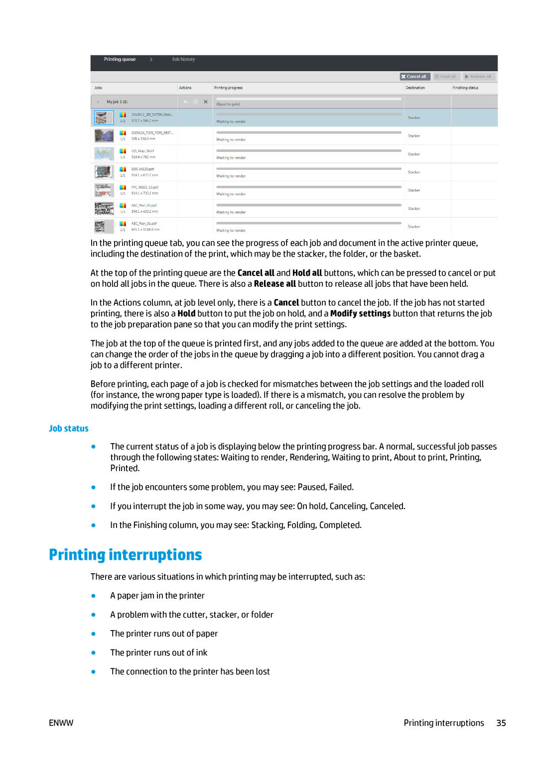 HP Prepress Software, SmartStream Designer manual Printing interruptions, Job status 