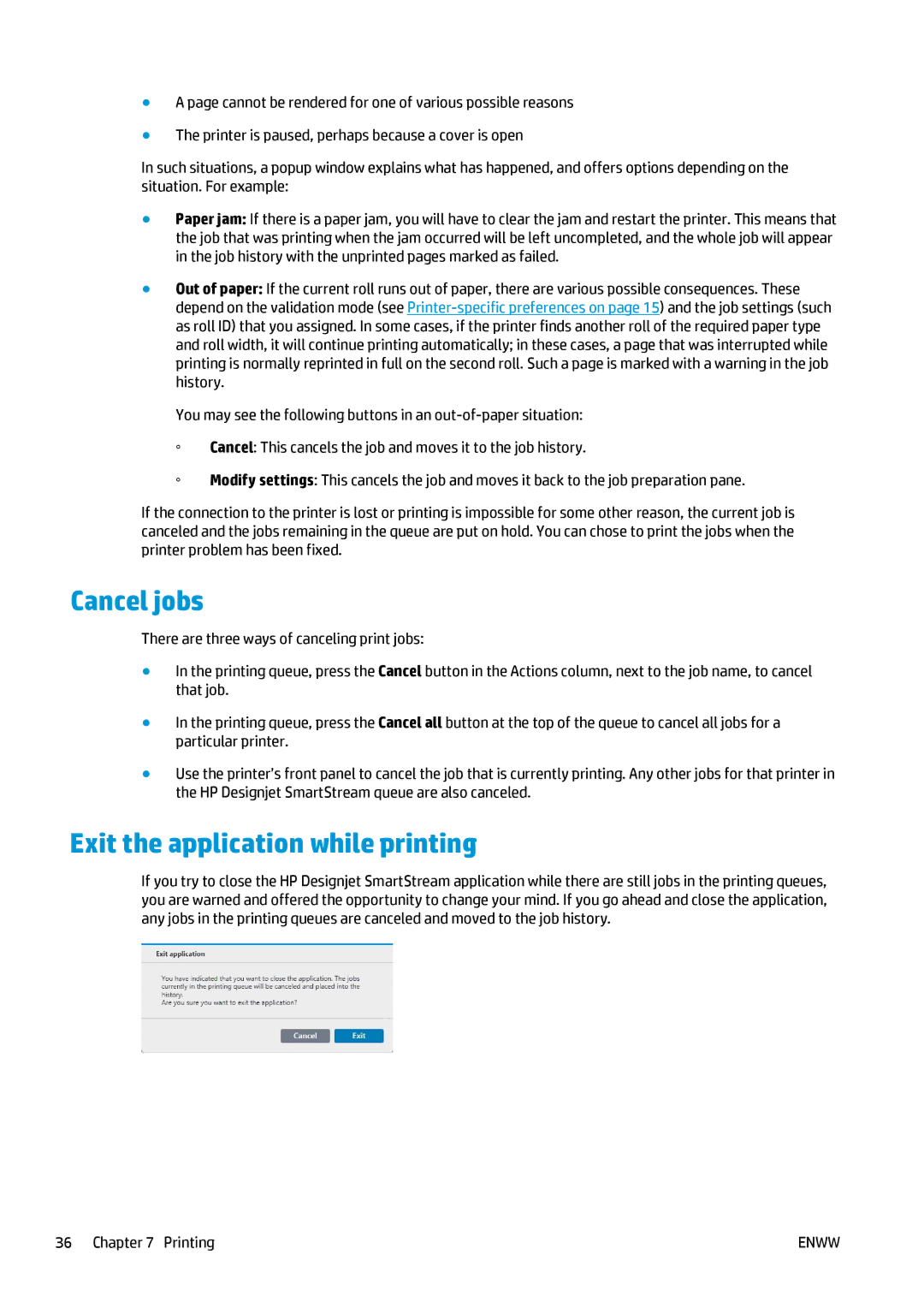 HP SmartStream Designer, Prepress Software manual Cancel jobs, Exit the application while printing 