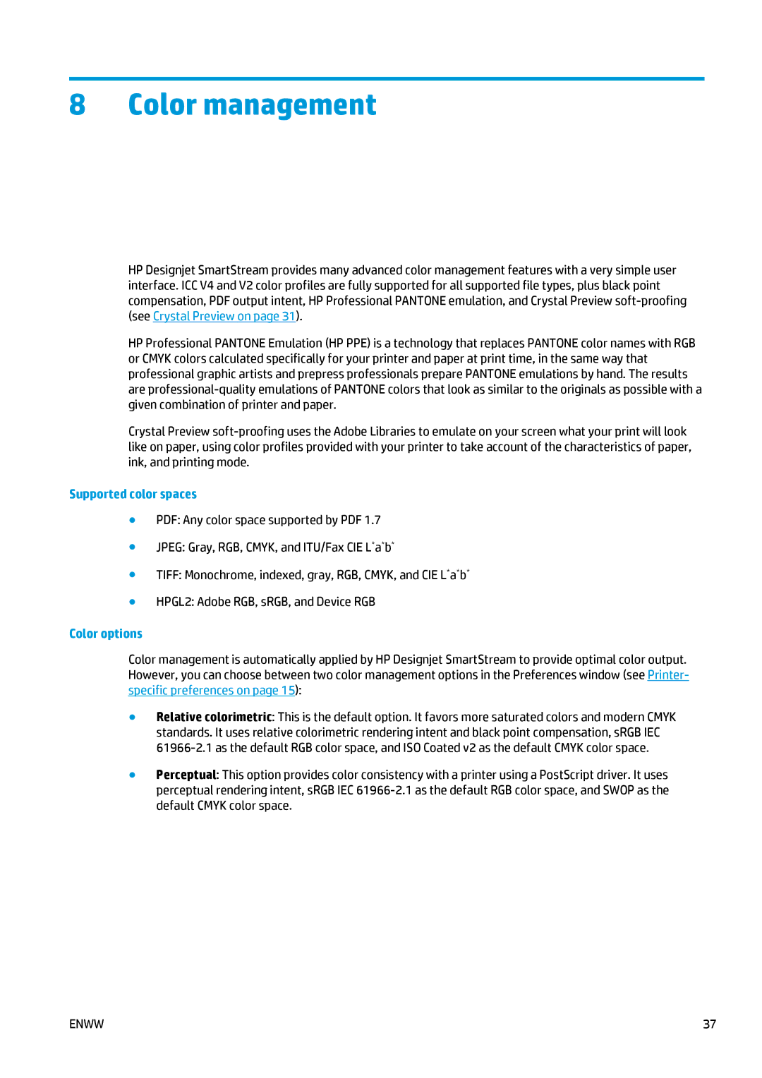 HP Prepress Software, SmartStream Designer manual Color management, Supported color spaces, Color options 