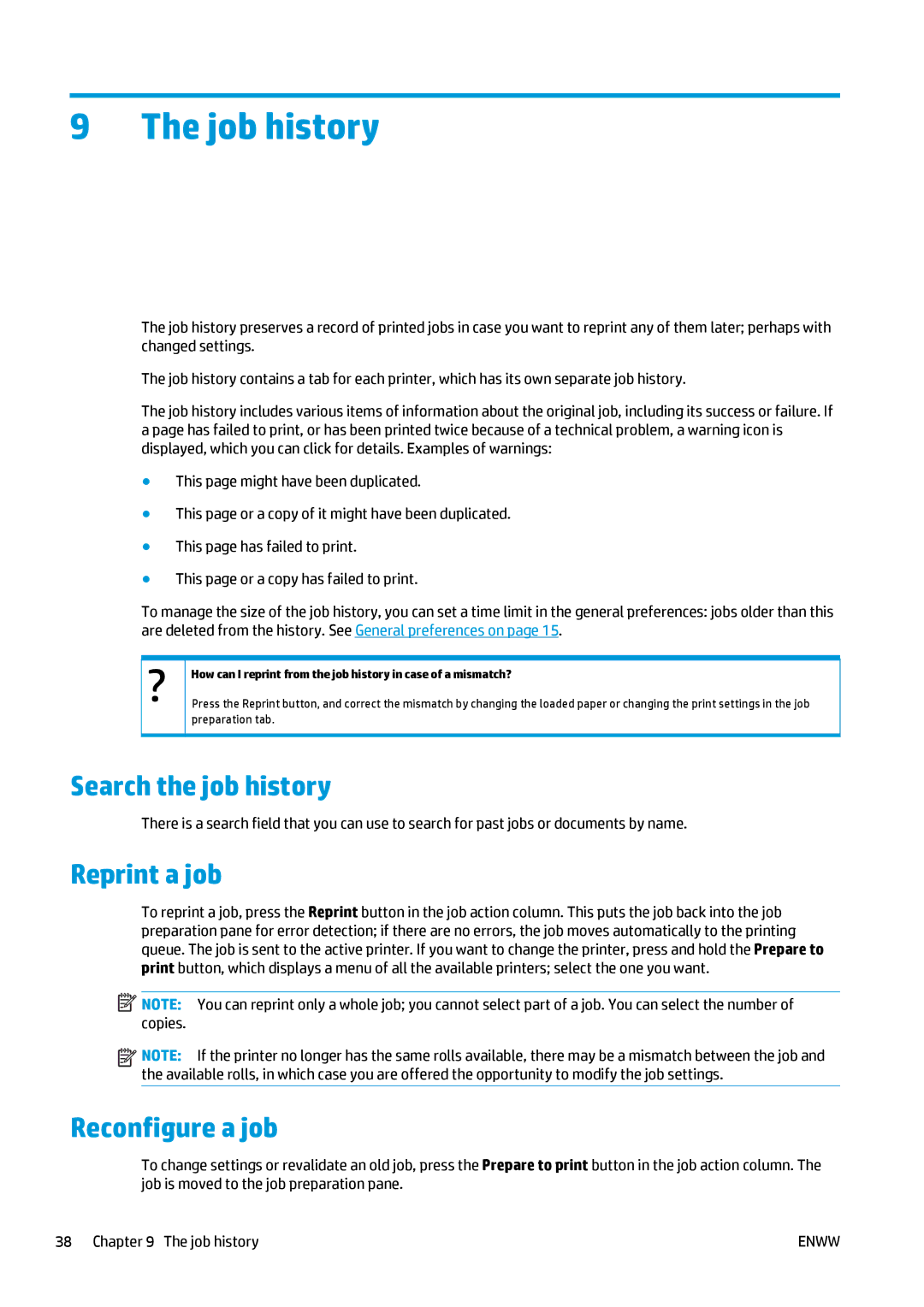 HP SmartStream Designer, Prepress Software manual Job history, Search the job history, Reprint a job, Reconfigure a job 