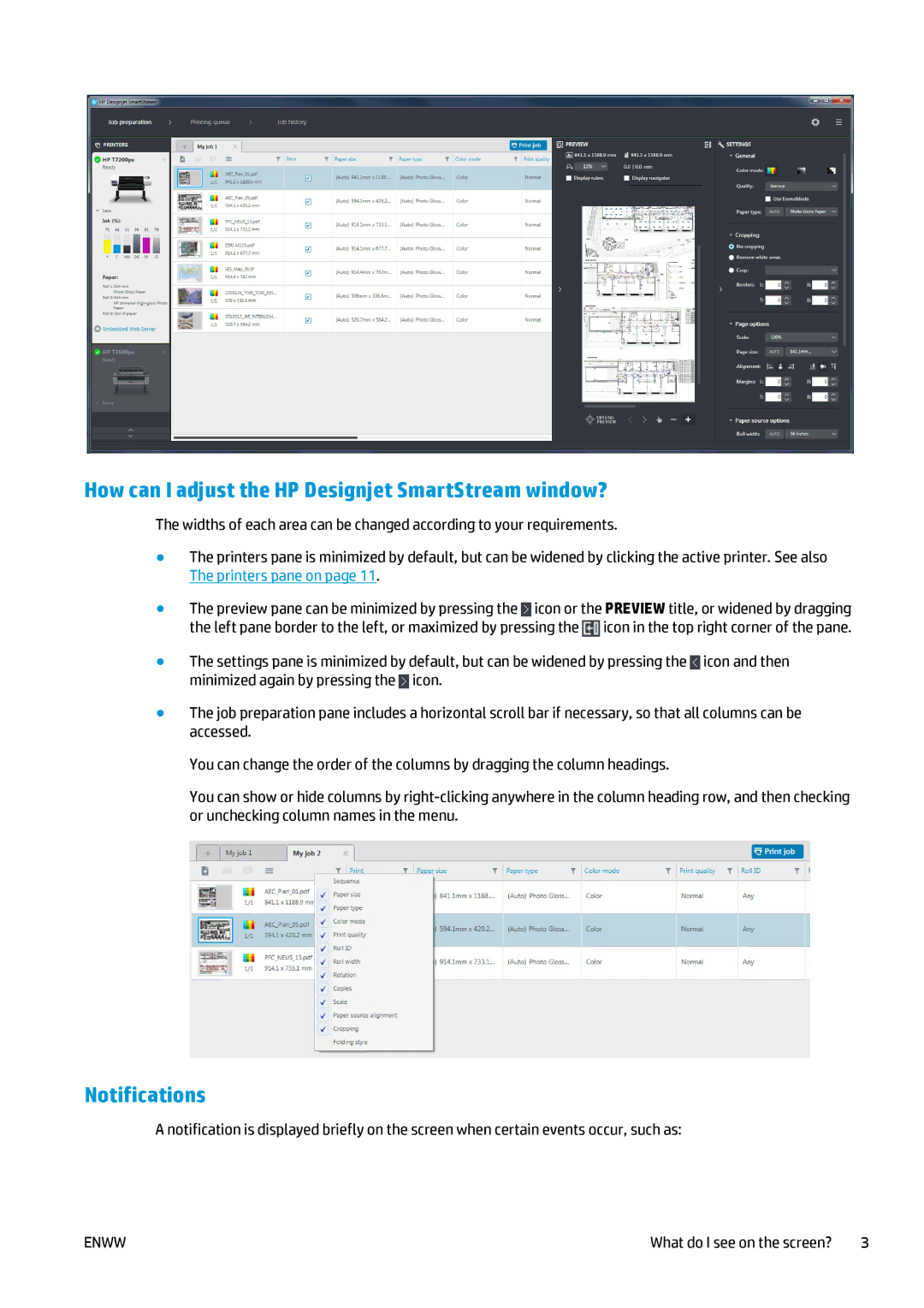 HP Prepress Software, SmartStream Designer manual How can I adjust the HP Designjet SmartStream window?, Notifications 