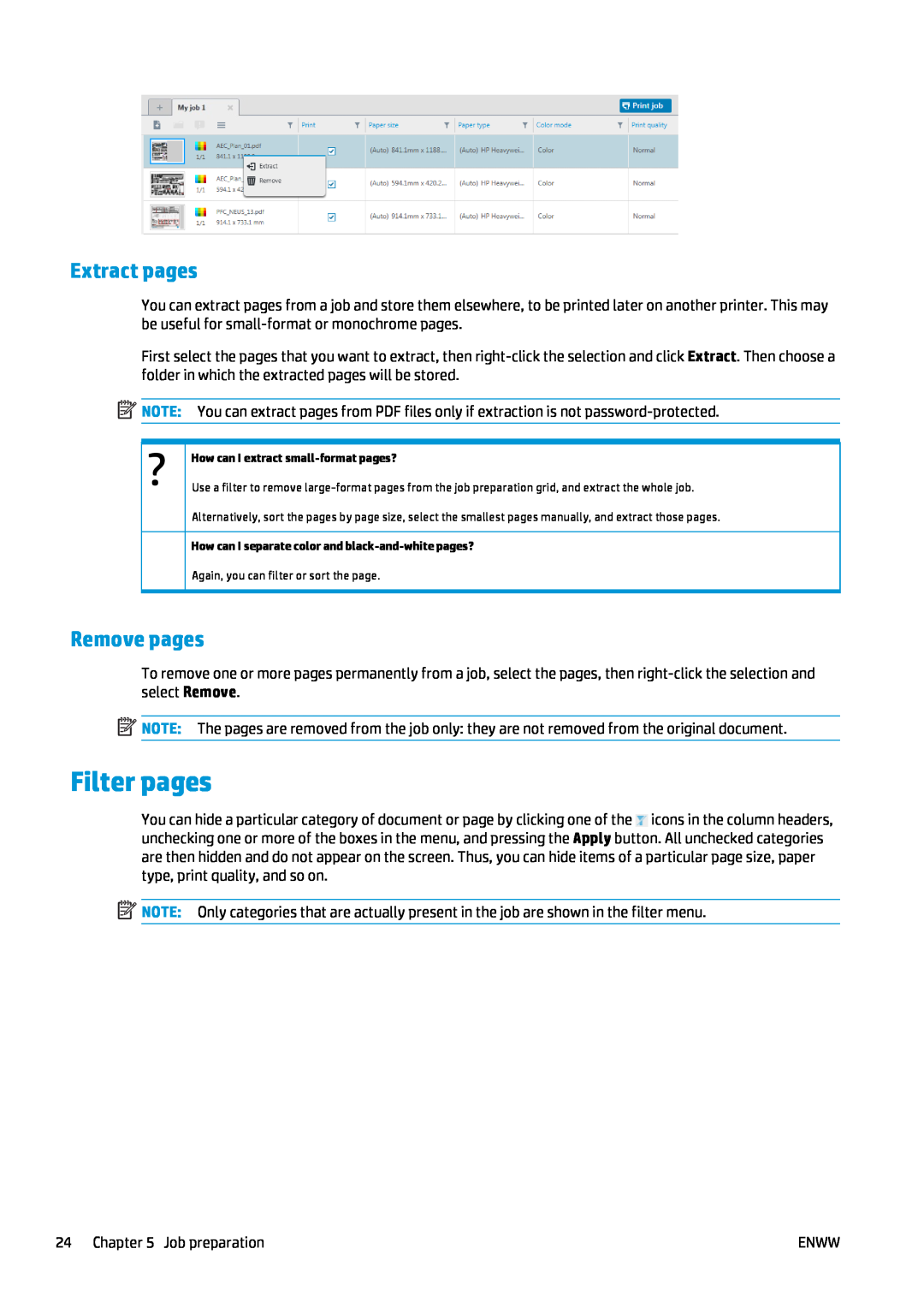 HP SmartStream Software for s manual Filter pages, Extract pages, Remove pages 