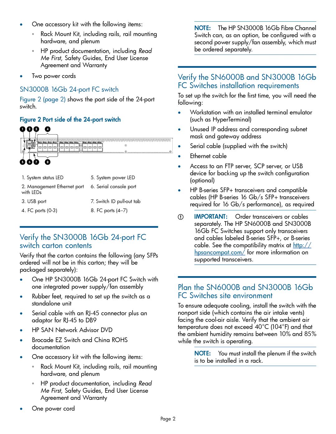 HP SN6000B manual Verify the SN3000B 16Gb 24-port FC switch carton contents 