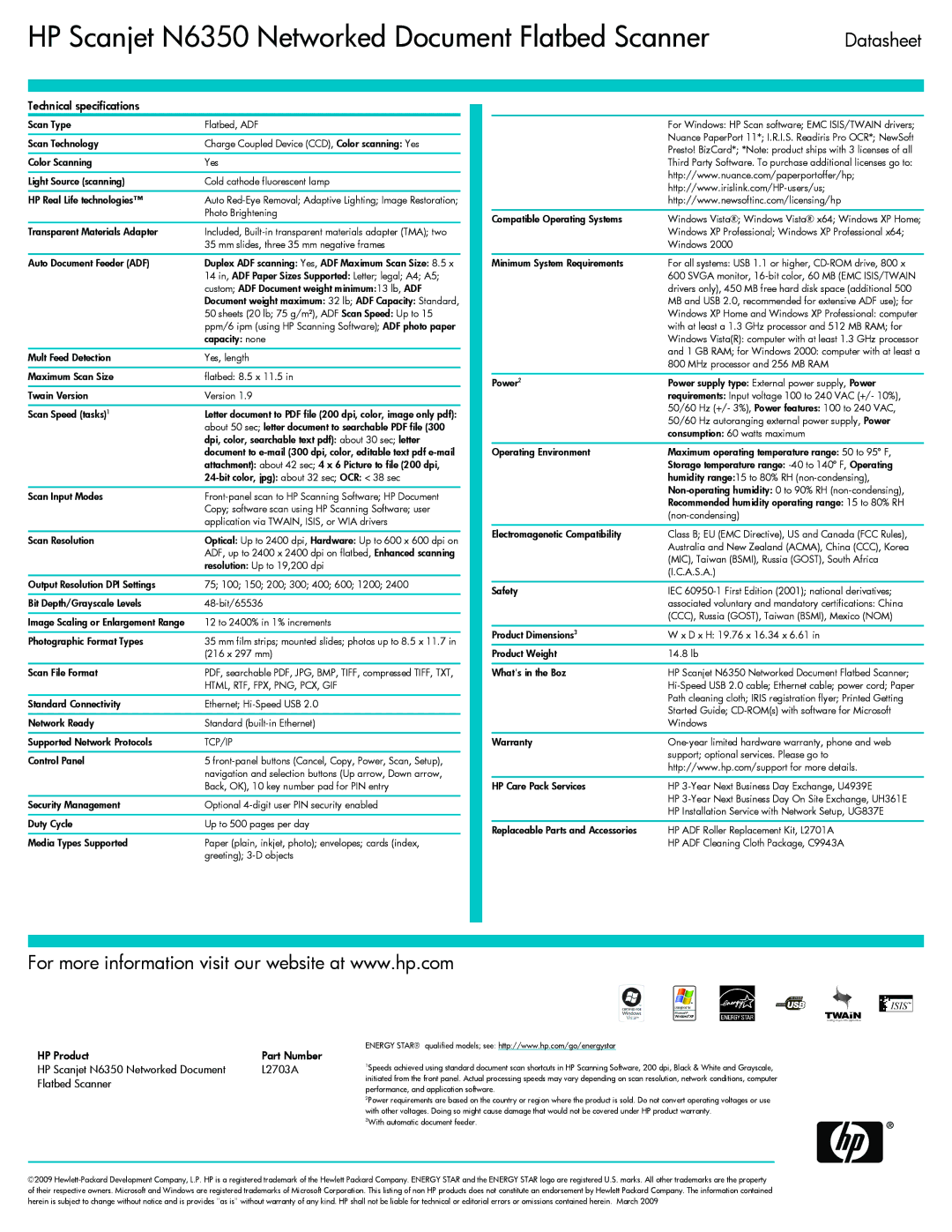HP manual Technical specifications, HP Product, HP Scanjet N6350 Networked Document L2703A Flatbed Scanner, Tcp/Ip 