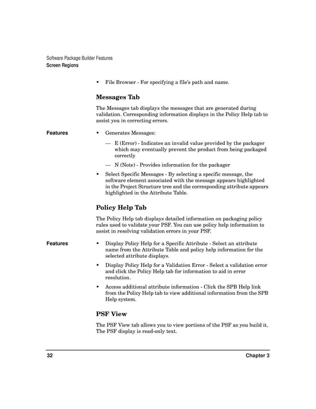 HP Software Package Builder (SPB) manual Messages Tab, Policy Help Tab, PSF View 