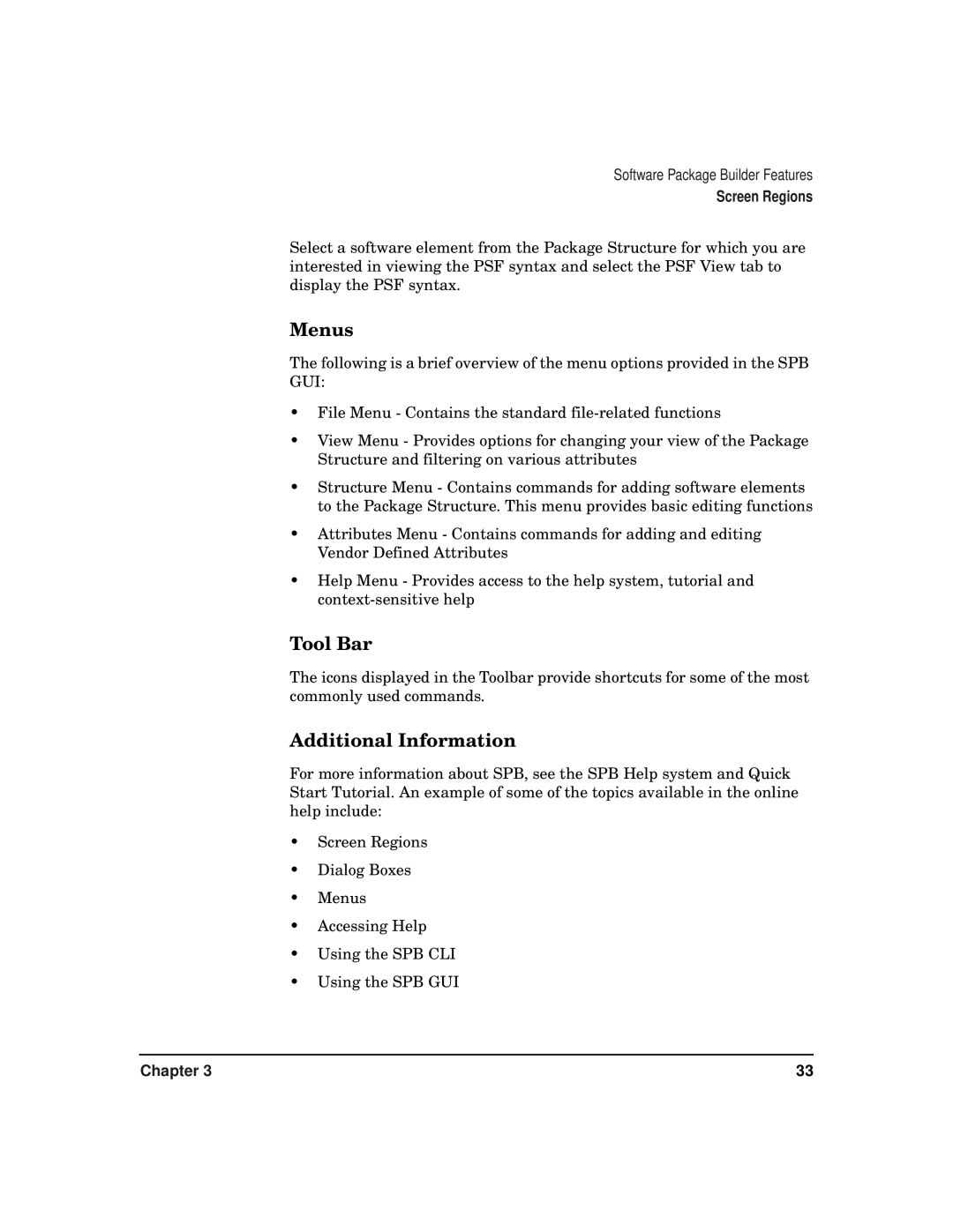 HP Software Package Builder (SPB) manual Menus, Tool Bar, Additional Information 