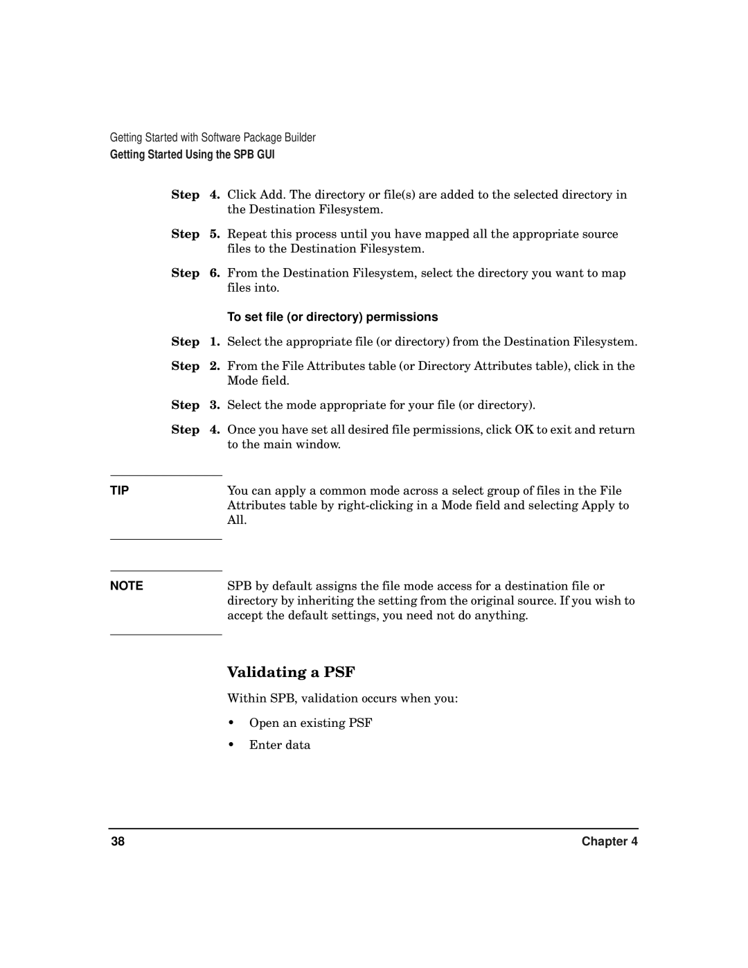 HP Software Package Builder (SPB) manual Validating a PSF, To set file or directory permissions 