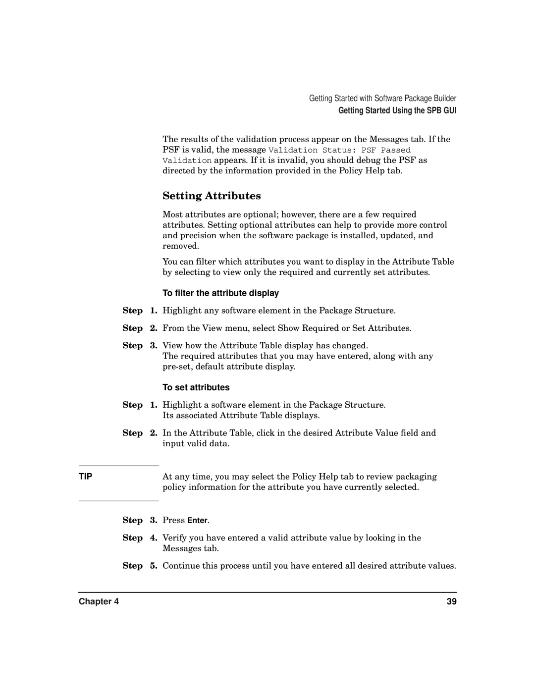 HP Software Package Builder (SPB) manual Setting Attributes, To filter the attribute display, To set attributes 