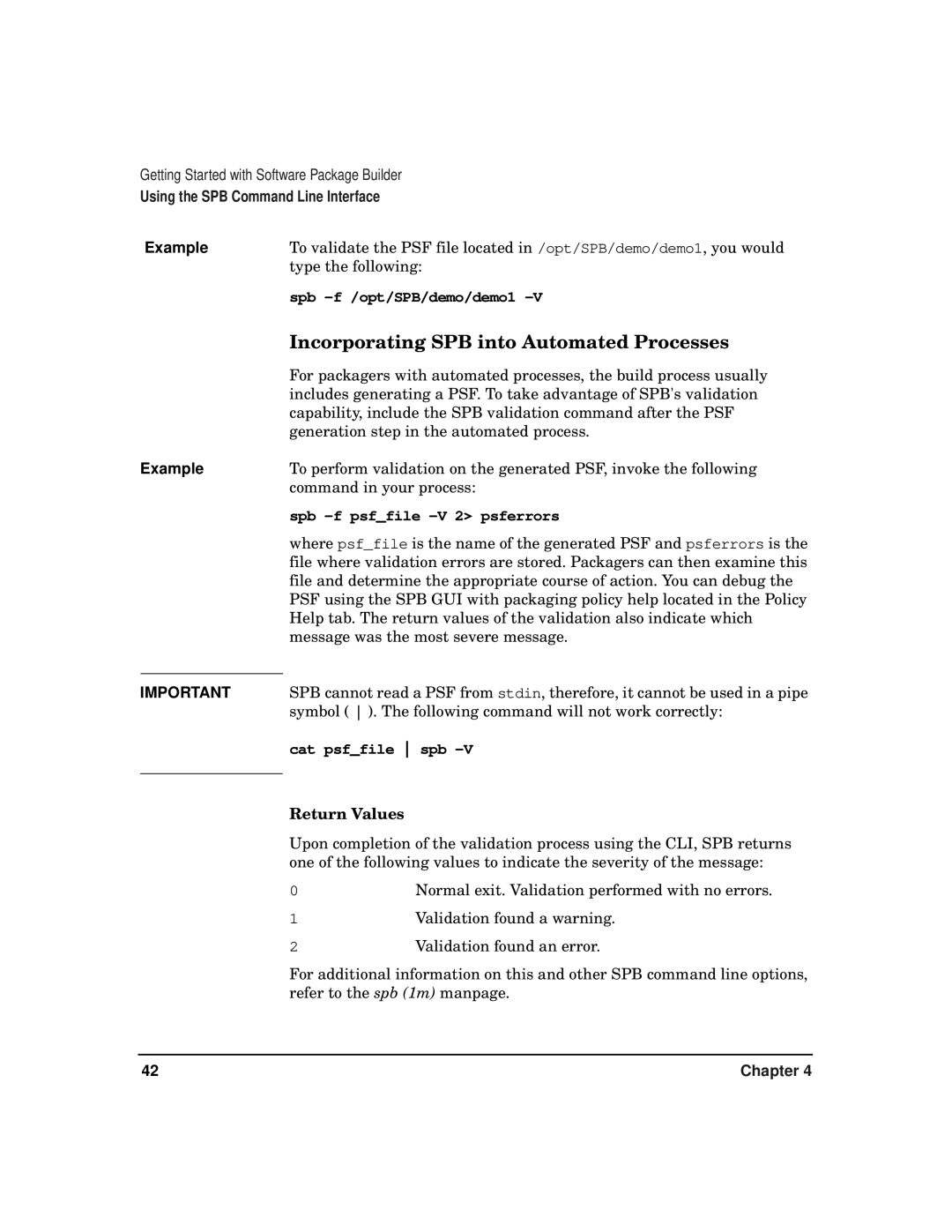 HP Software Package Builder (SPB) manual Incorporating SPB into Automated Processes, Return Values 