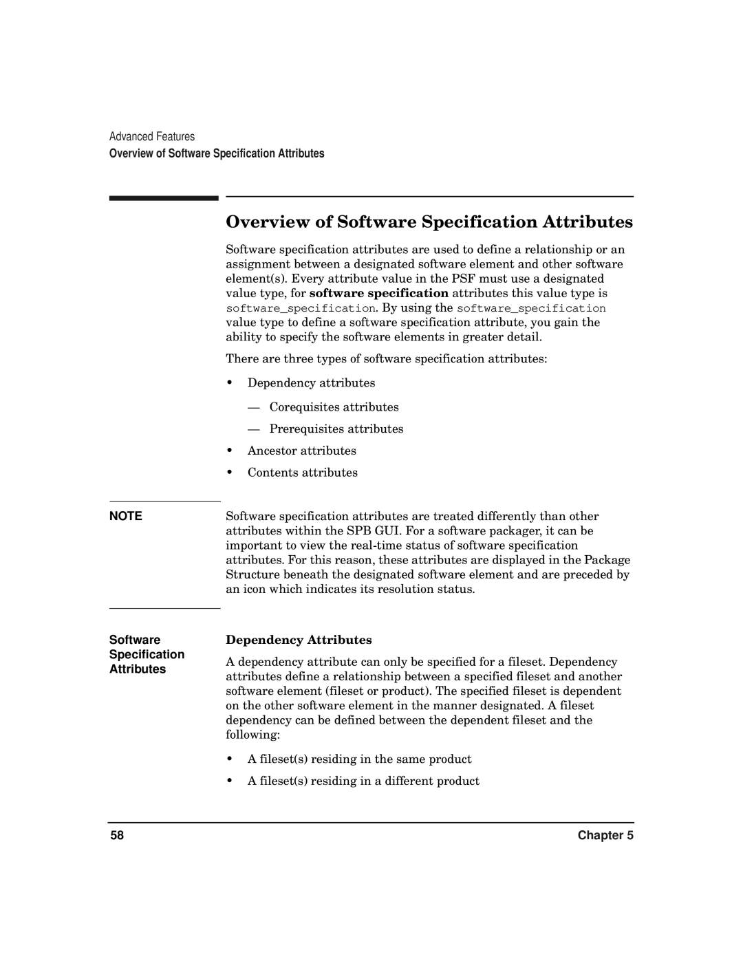 HP Software Package Builder (SPB) manual Overview of Software Specification Attributes, Dependency Attributes 