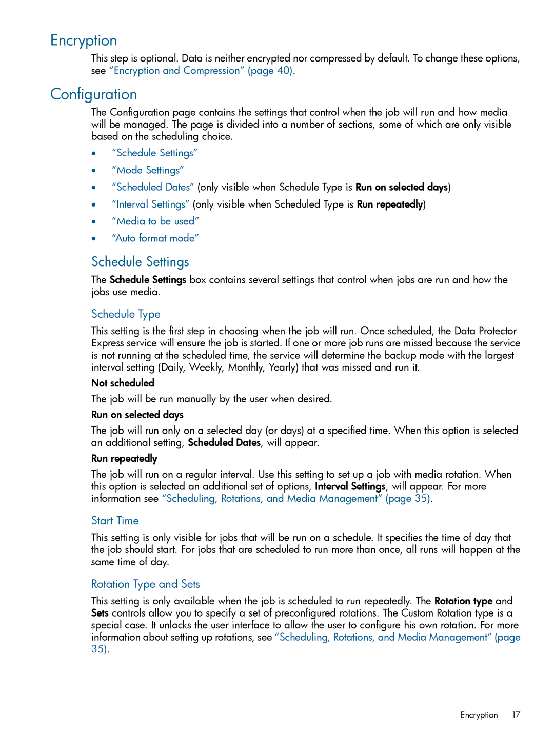 HP Software manual Encryption, Configuration, Schedule Settings 