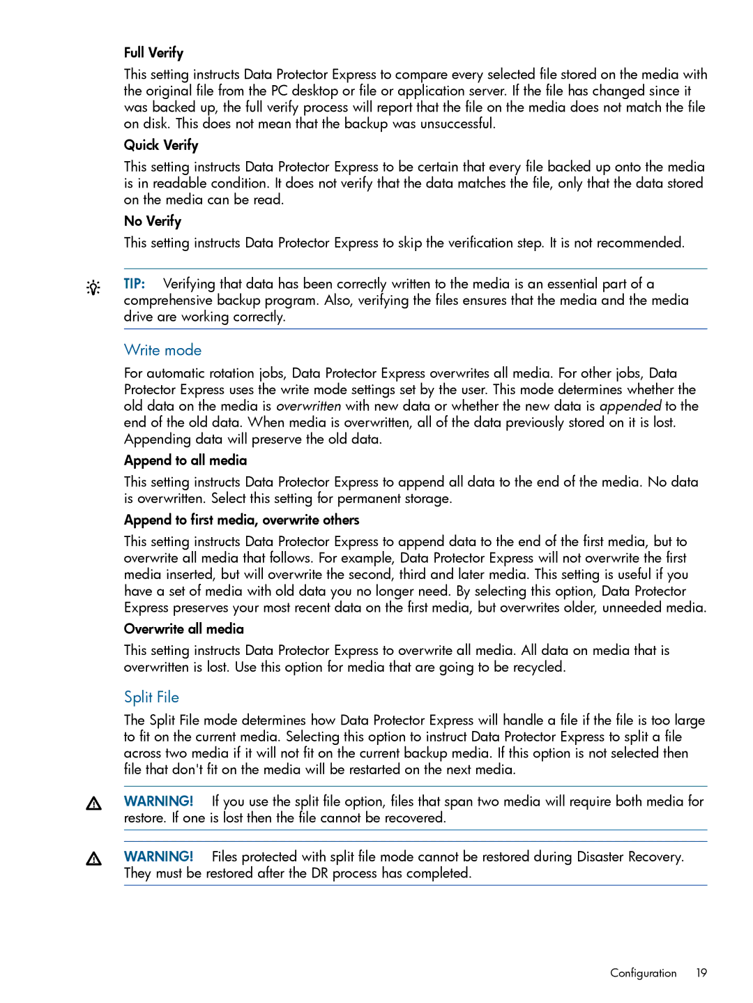 HP Software manual Write mode, Split File 