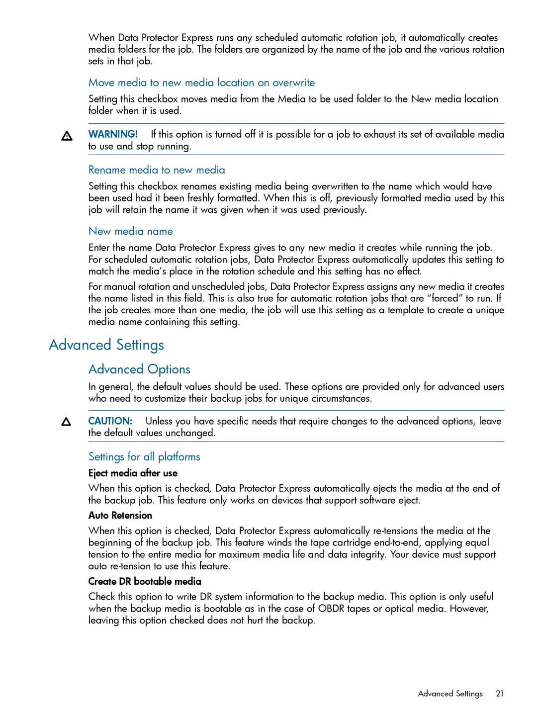 HP Software manual Advanced Settings, Advanced Options 