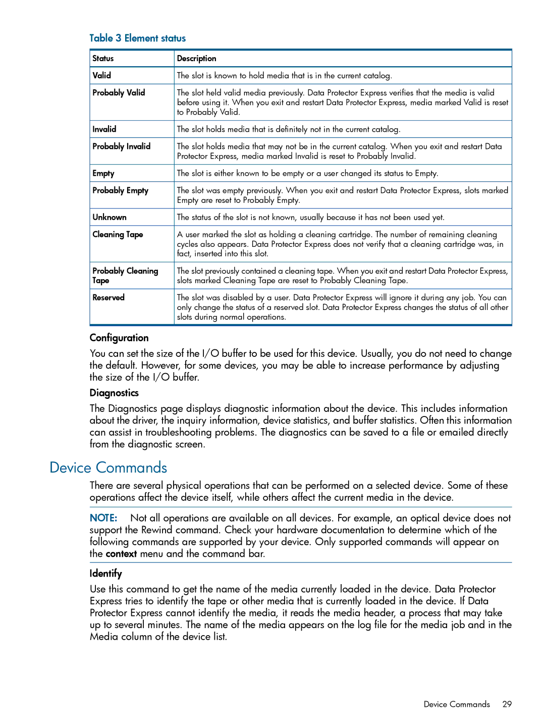 HP Software manual Device Commands, Element status 