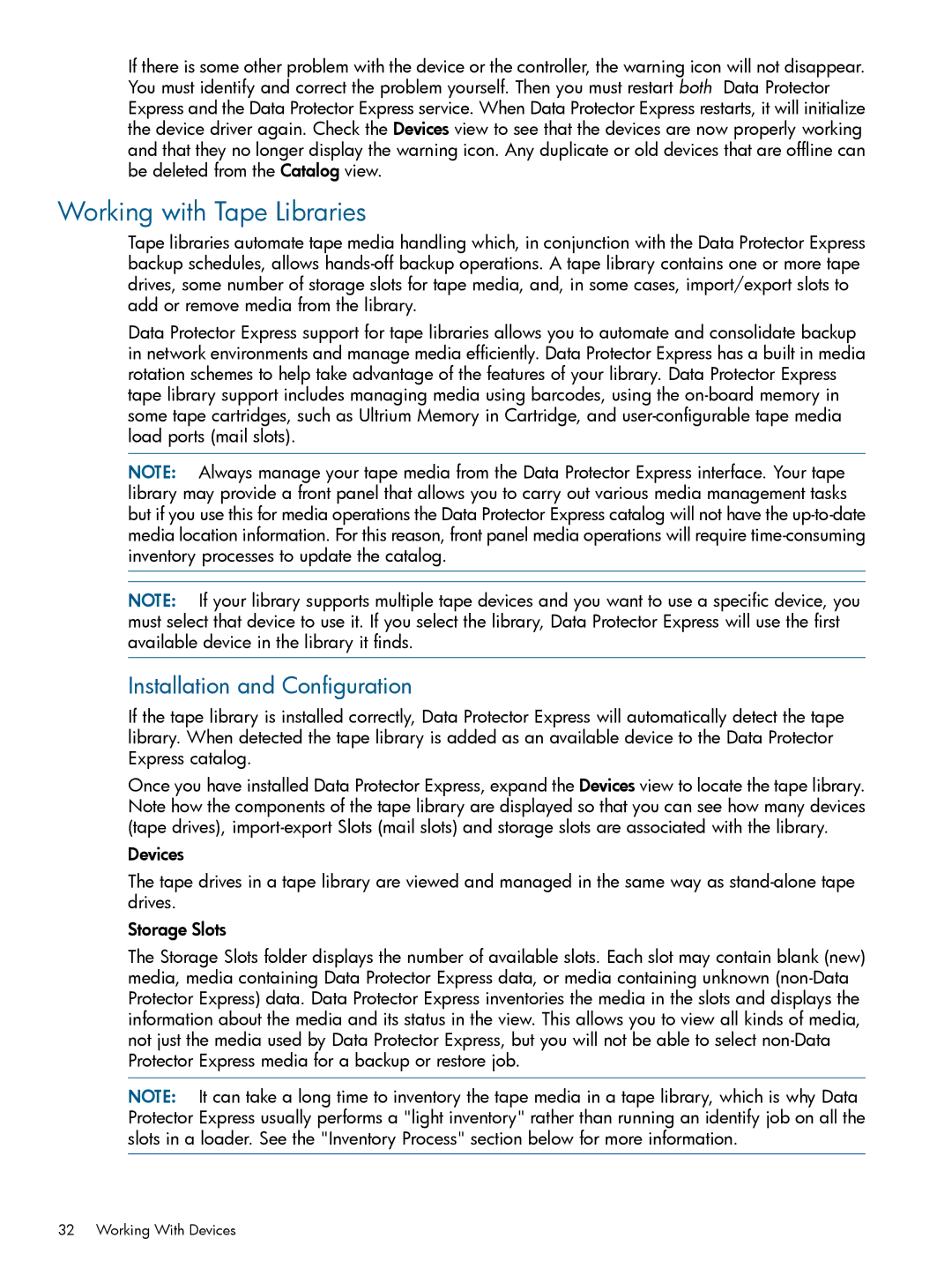 HP Software manual Working with Tape Libraries, Installation and Configuration 