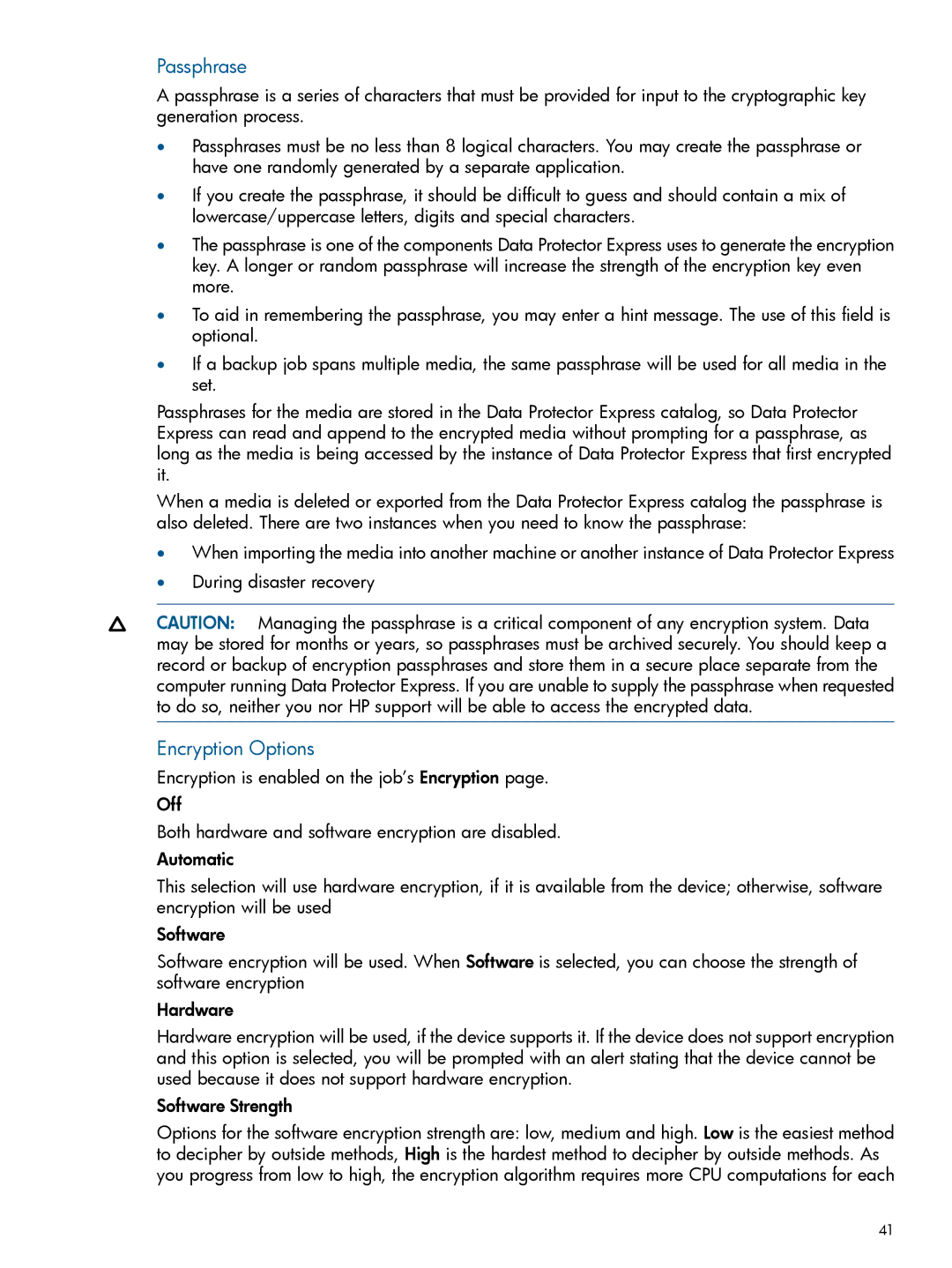 HP Software manual Passphrase, Encryption Options 
