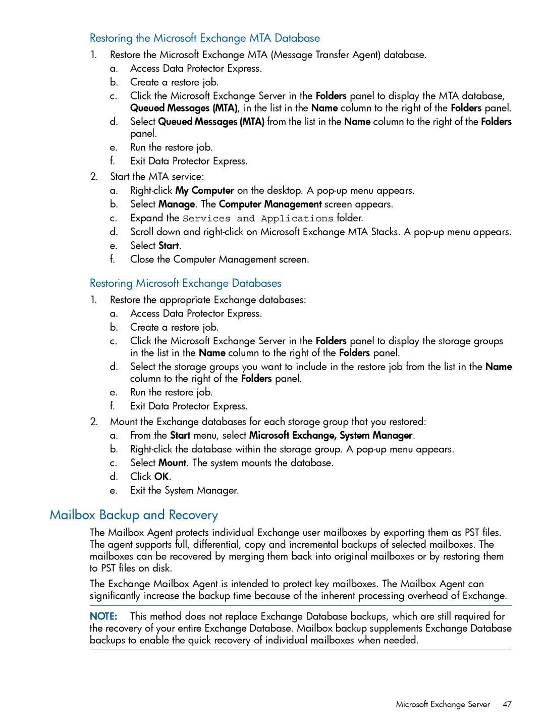 HP Software manual Mailbox Backup and Recovery, Restoring the Microsoft Exchange MTA Database 