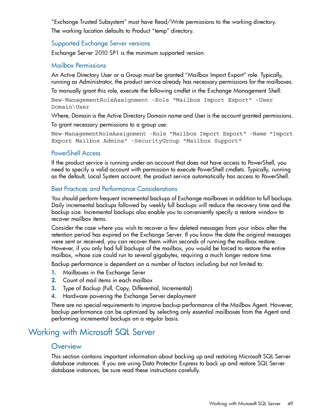 HP Software Working with Microsoft SQL Server, Supported Exchange Server versions, Mailbox Permissions, PowerShell Access 