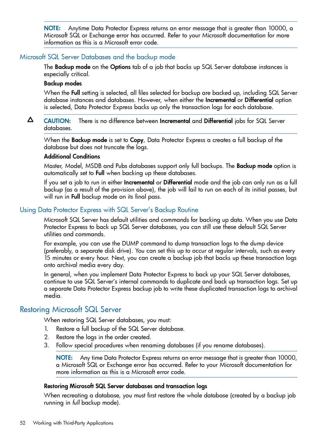 HP Software manual Restoring Microsoft SQL Server, Microsoft SQL Server Databases and the backup mode 