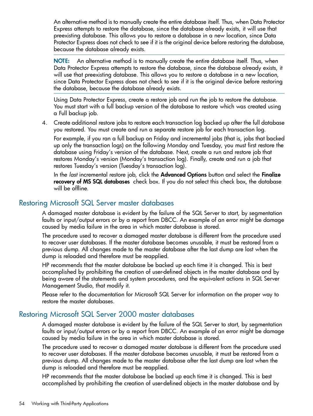 HP Software manual Restoring Microsoft SQL Server master databases, Restoring Microsoft SQL Server 2000 master databases 