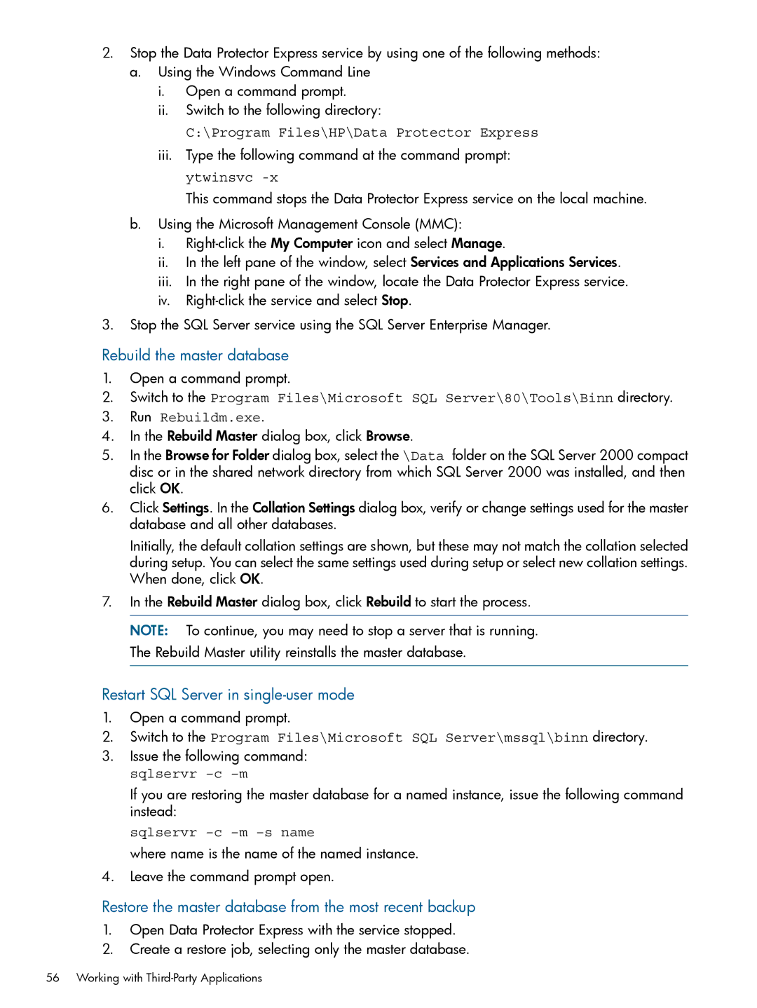 HP Software manual Rebuild the master database, Restart SQL Server in single-user mode 
