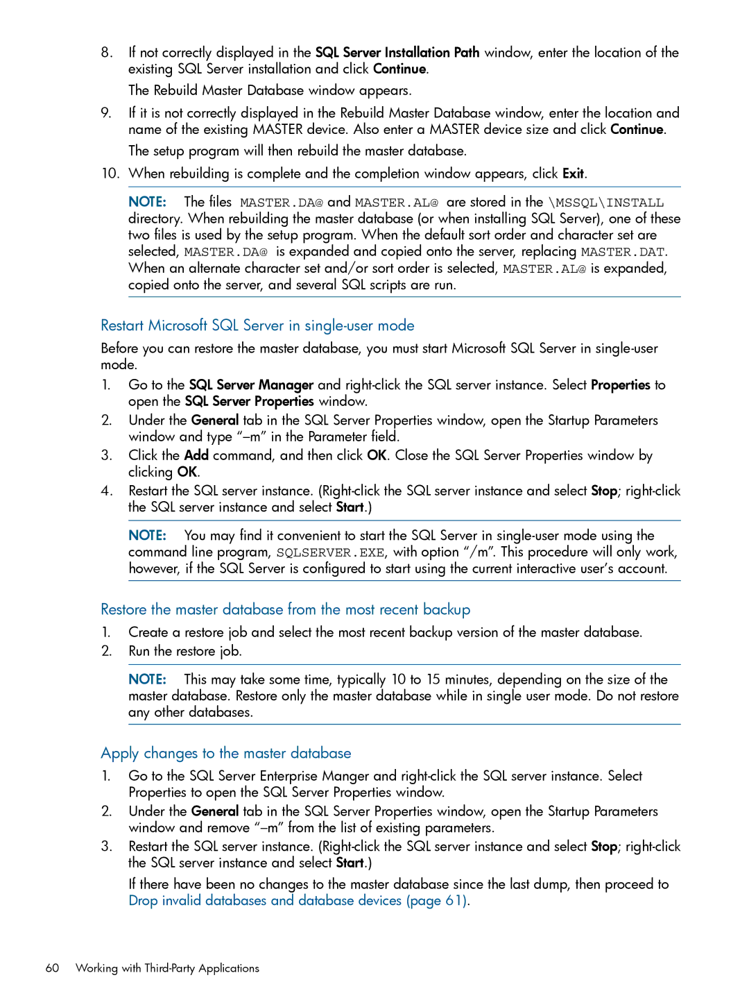 HP Software Restart Microsoft SQL Server in single-user mode, Restore the master database from the most recent backup 
