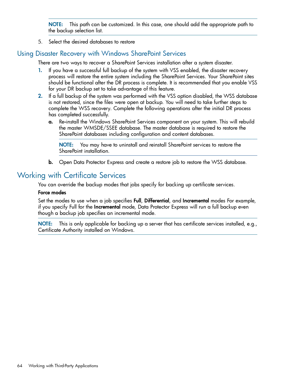 HP Software manual Working with Certificate Services, Using Disaster Recovery with Windows SharePoint Services 