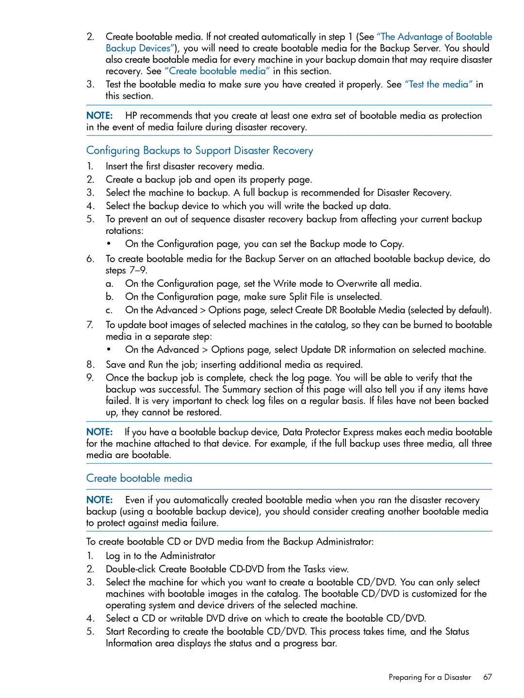 HP Software manual Configuring Backups to Support Disaster Recovery, Create bootable media 