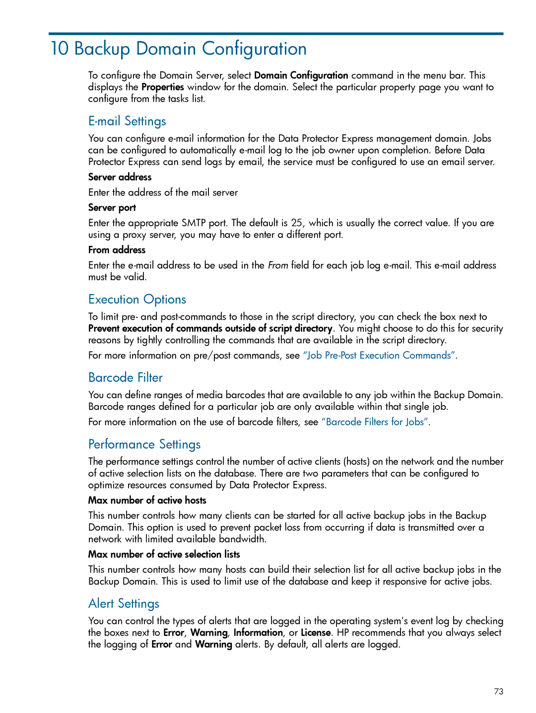 HP Software manual Backup Domain Configuration, Mail Settings, Performance Settings, Alert Settings 