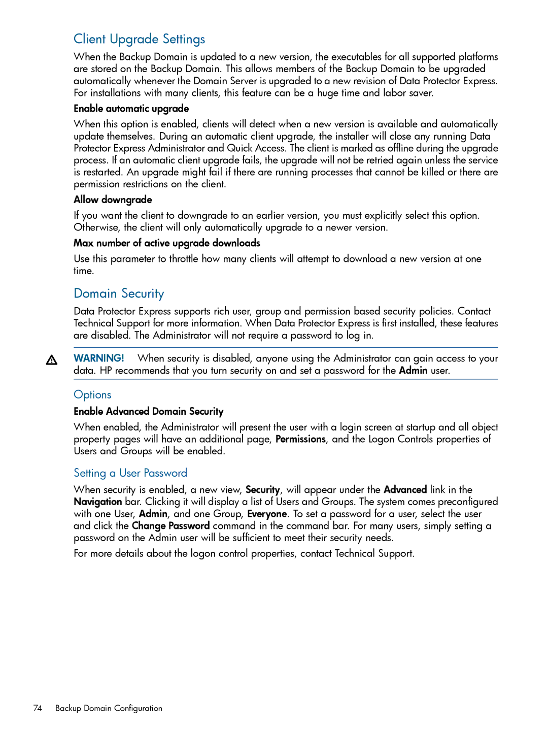 HP Software manual Client Upgrade Settings, Domain Security, Options, Setting a User Password 