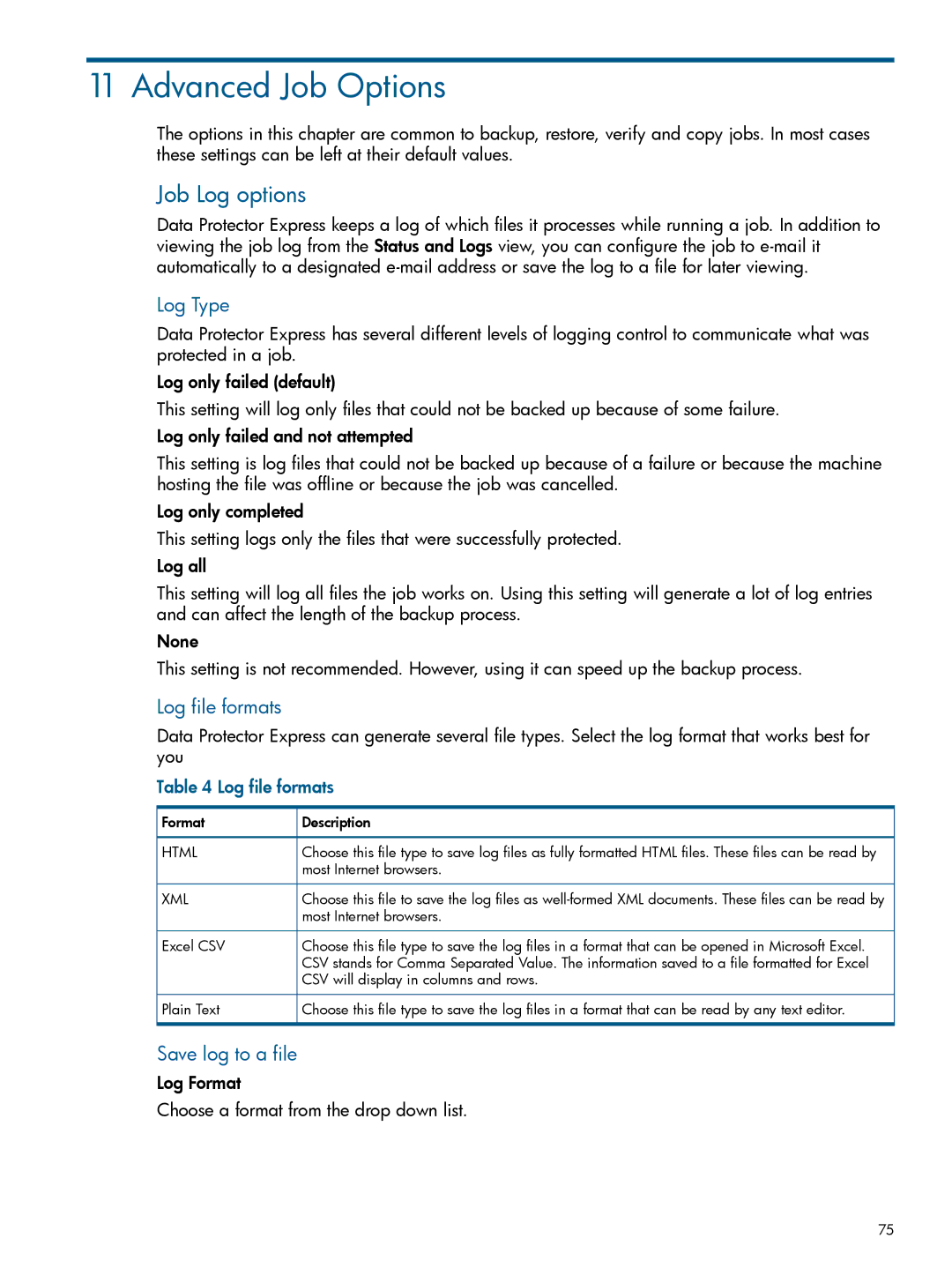 HP Software manual Advanced Job Options, Job Log options, Log Type, Log file formats, Save log to a file 