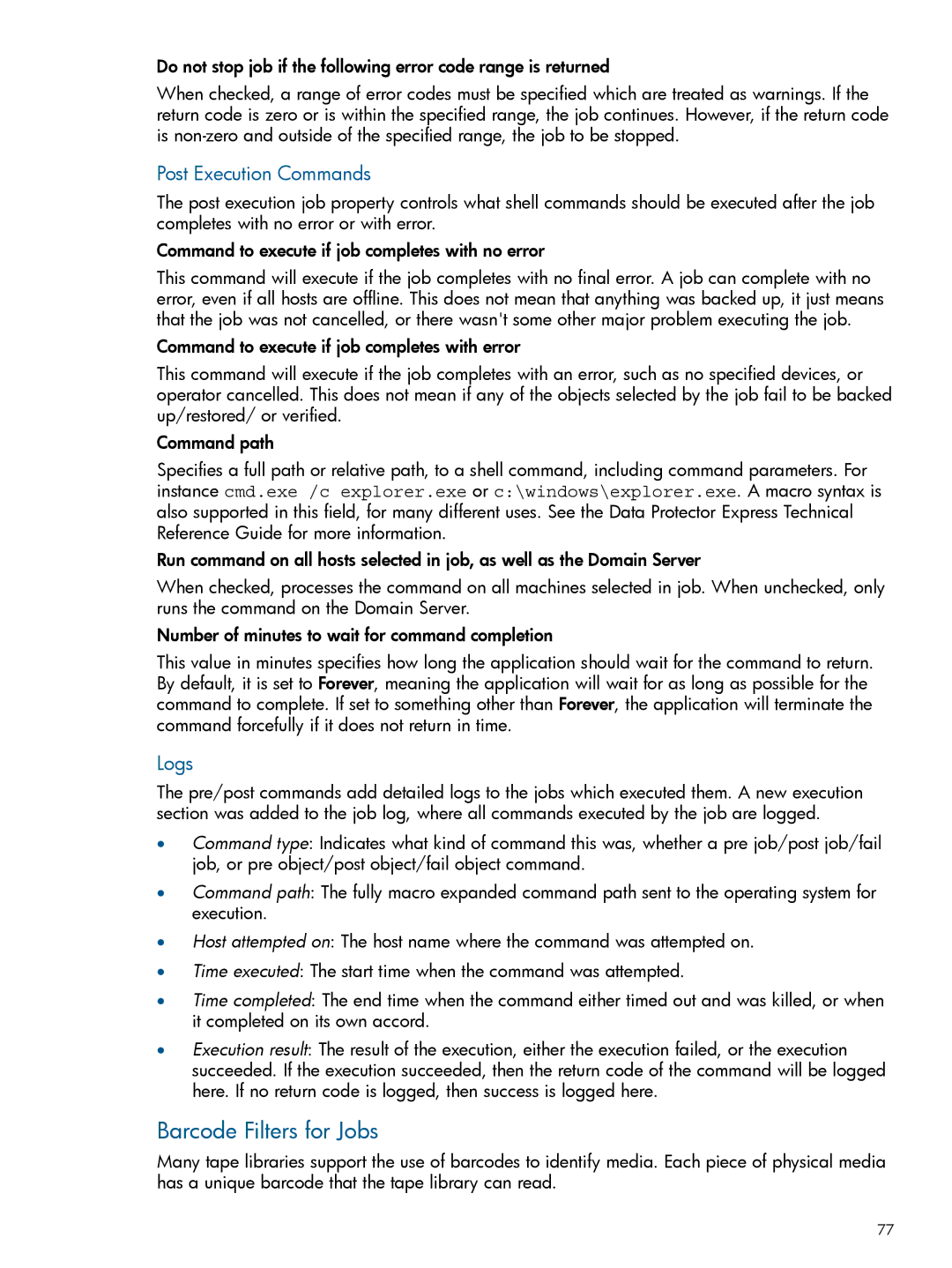 HP Software manual Barcode Filters for Jobs, Post Execution Commands, Logs 