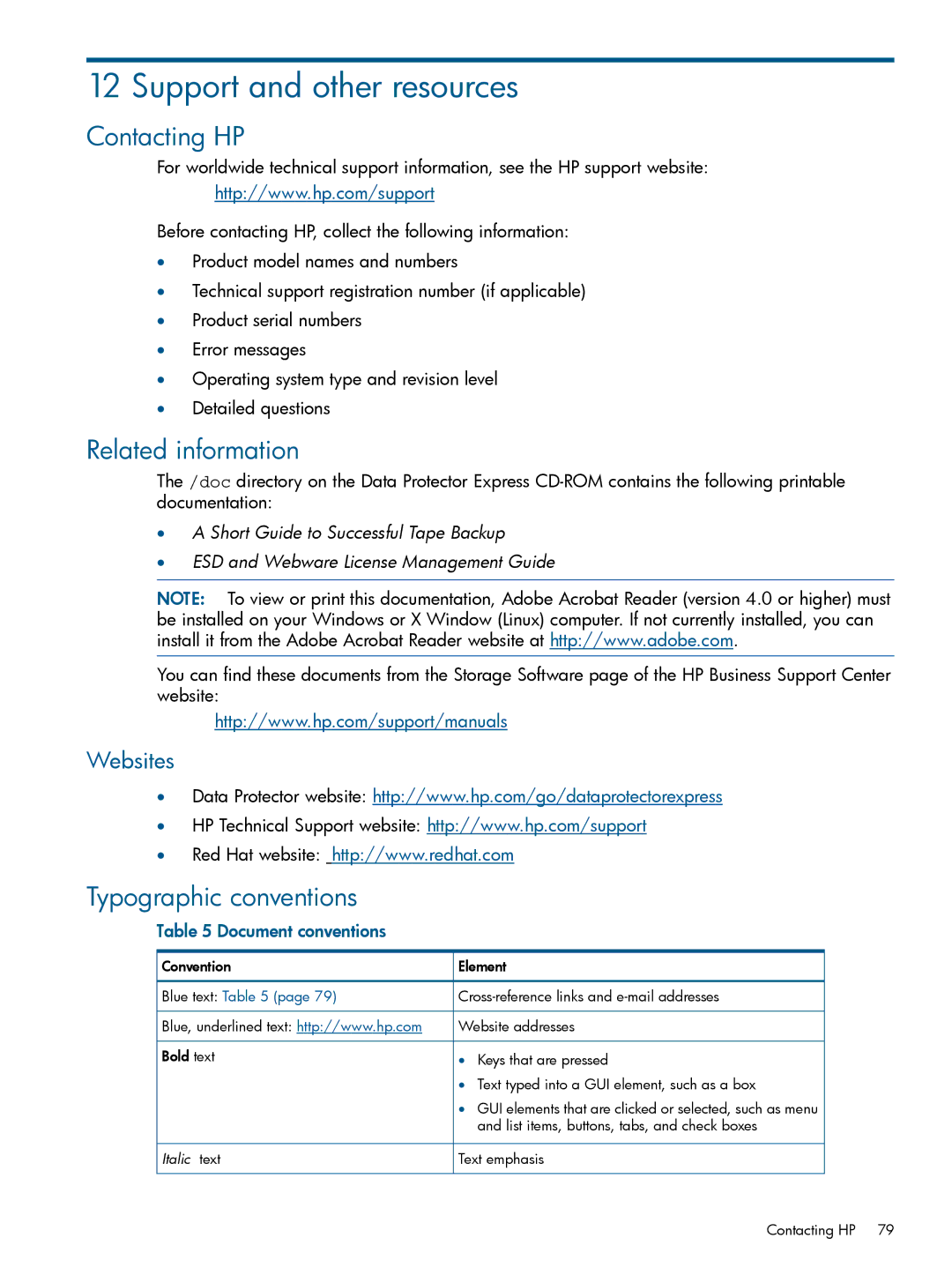 HP Software manual Support and other resources, Contacting HP, Related information, Typographic conventions, Websites 