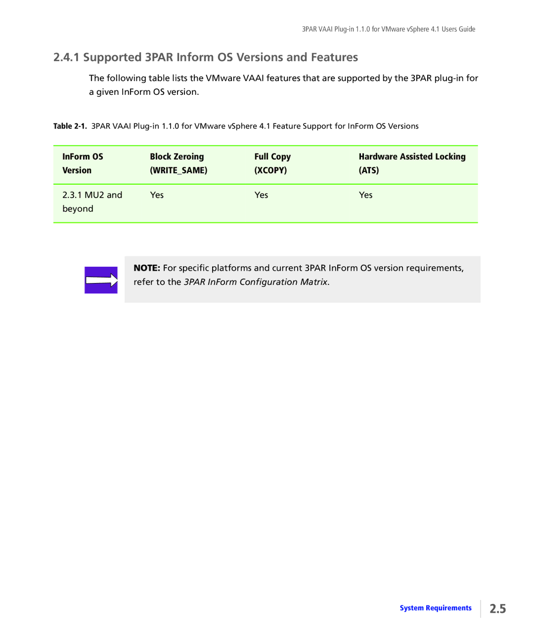 HP Solutions for vSphere Software E-Media Kit manual Supported 3PAR Inform OS Versions and Features, 1 MU2 Yes Beyond 