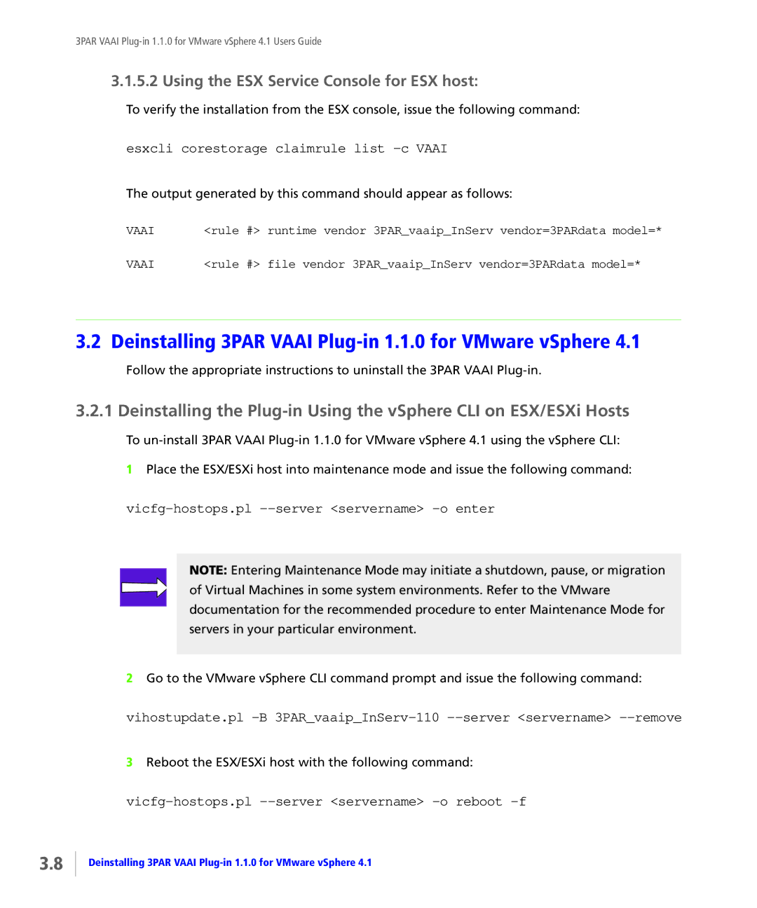 HP Solutions for vSphere Software E-Media Kit manual Deinstalling 3PAR Vaai Plug-in 1.1.0 for VMware vSphere 