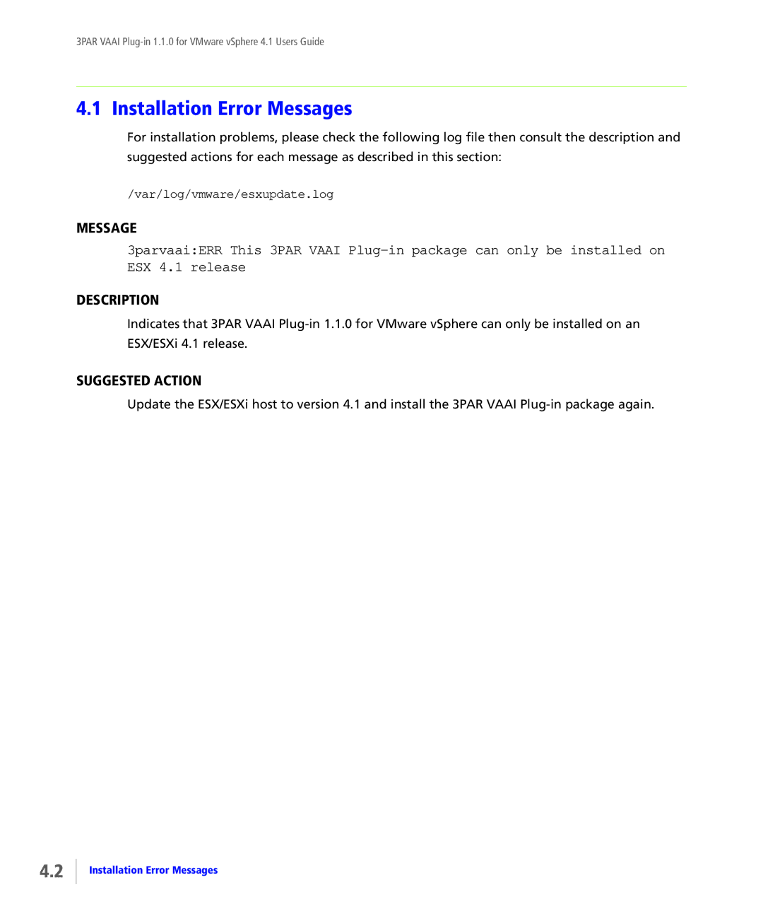 HP Solutions for vSphere Software E-Media Kit manual Installation Error Messages, Description 